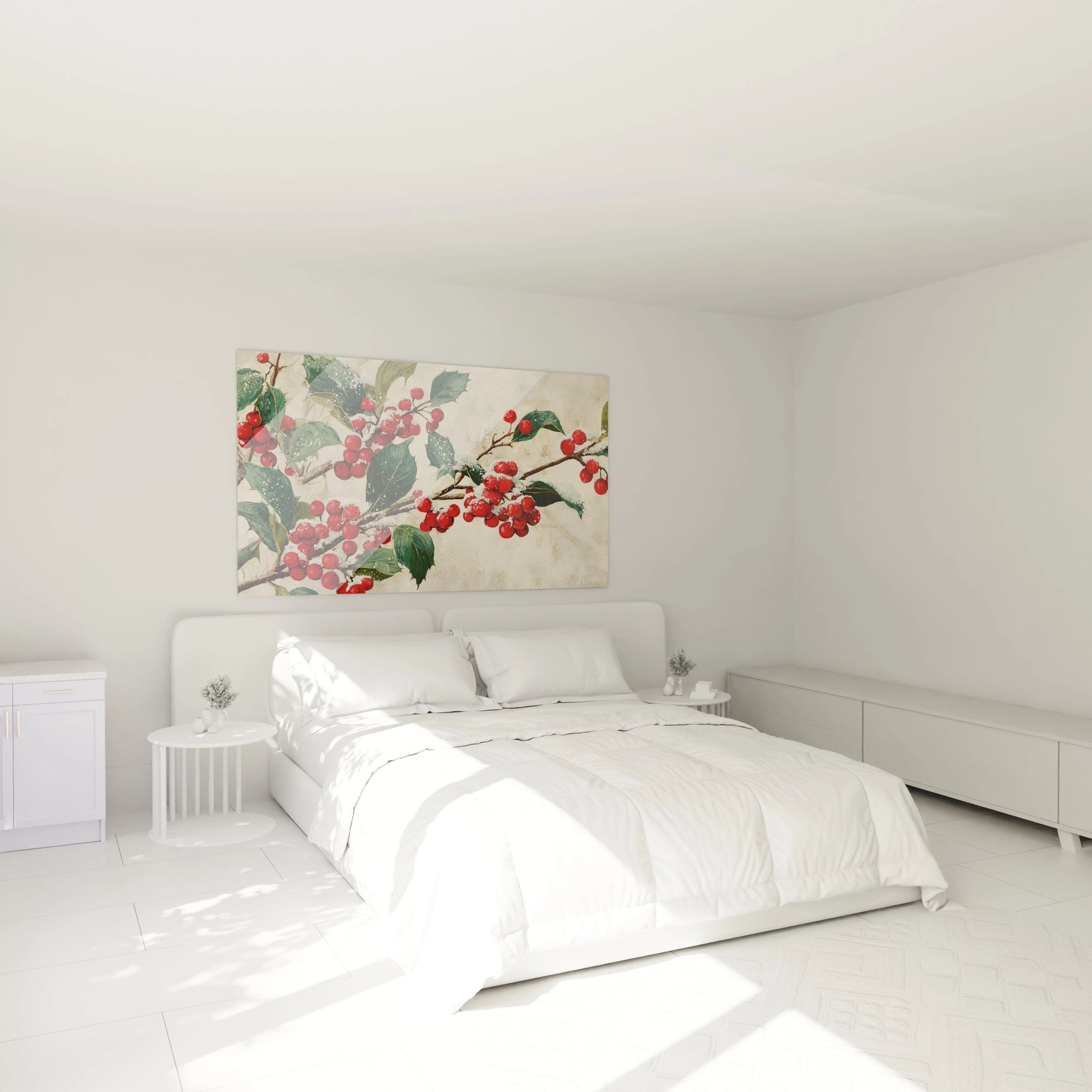 Tableau décoration Noël houx avec des baies rouges sur toile dans une chambre lumineuse