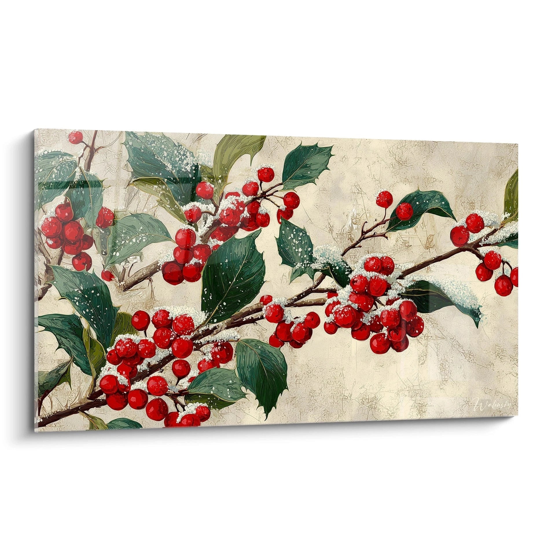 Tableau décoration Noël houx avec des baies rouges et des feuilles sur fond neutre