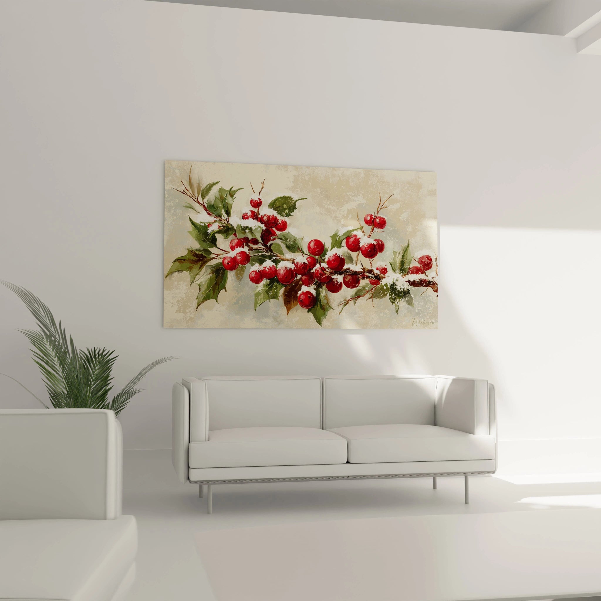 Tableau mural Noël houx avec des baies rouges sur fond beige pour une décoration festive