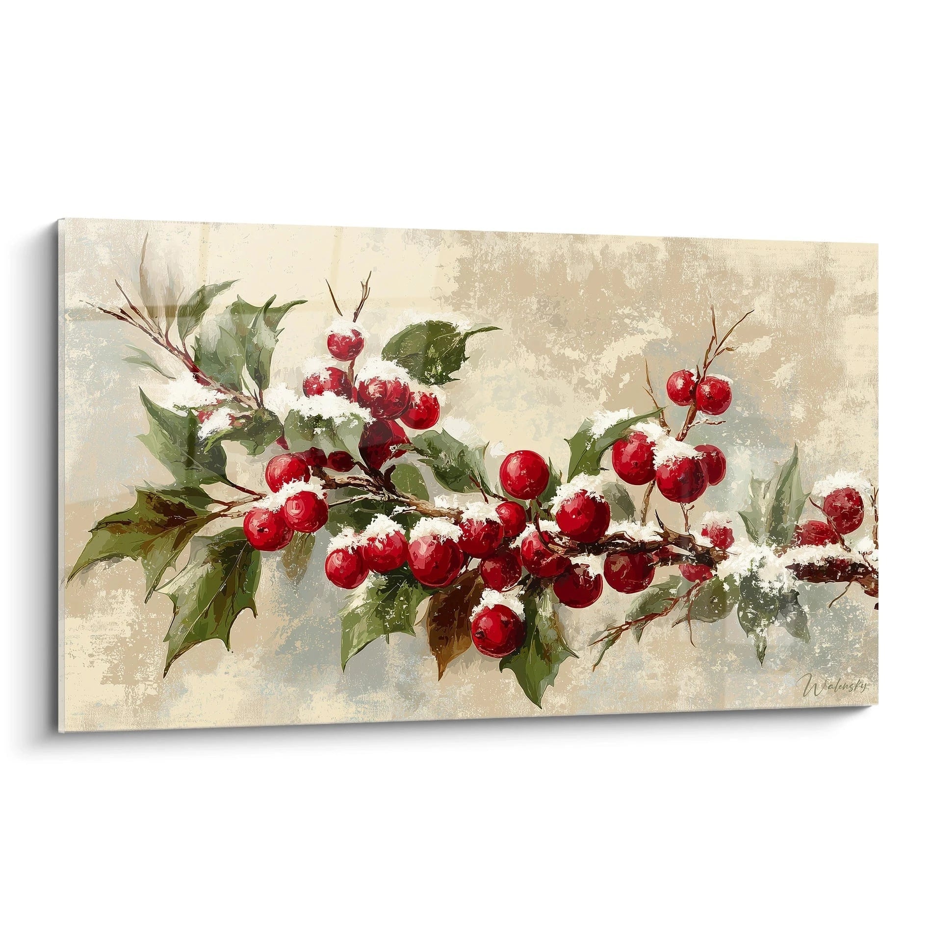 Tableau mural Noël houx avec des baies rouges et des feuilles vertes sur un fond doux