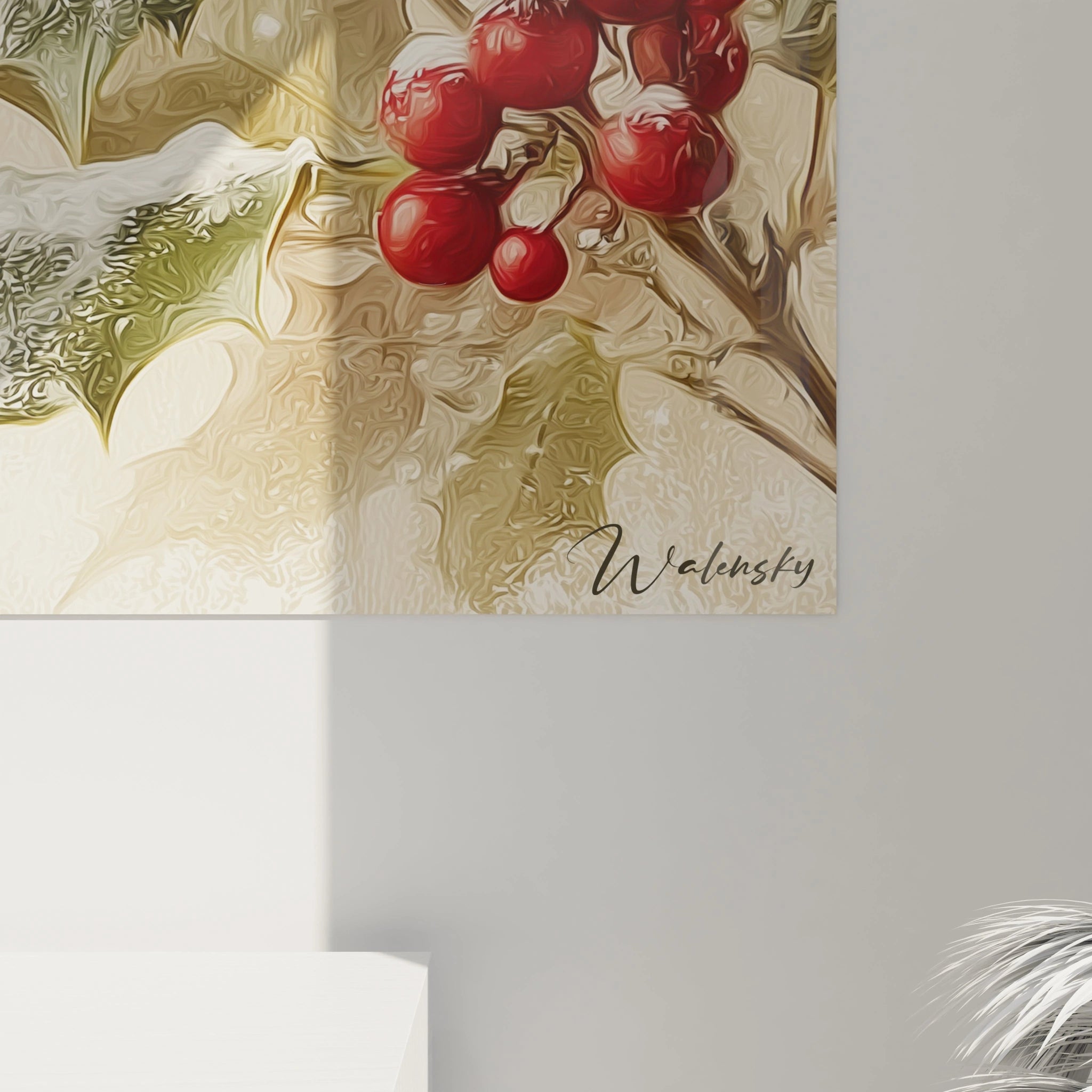 Tableau mural houx soie nacrée de Walensky avec des baies rouges et des feuilles vertes éclatantes