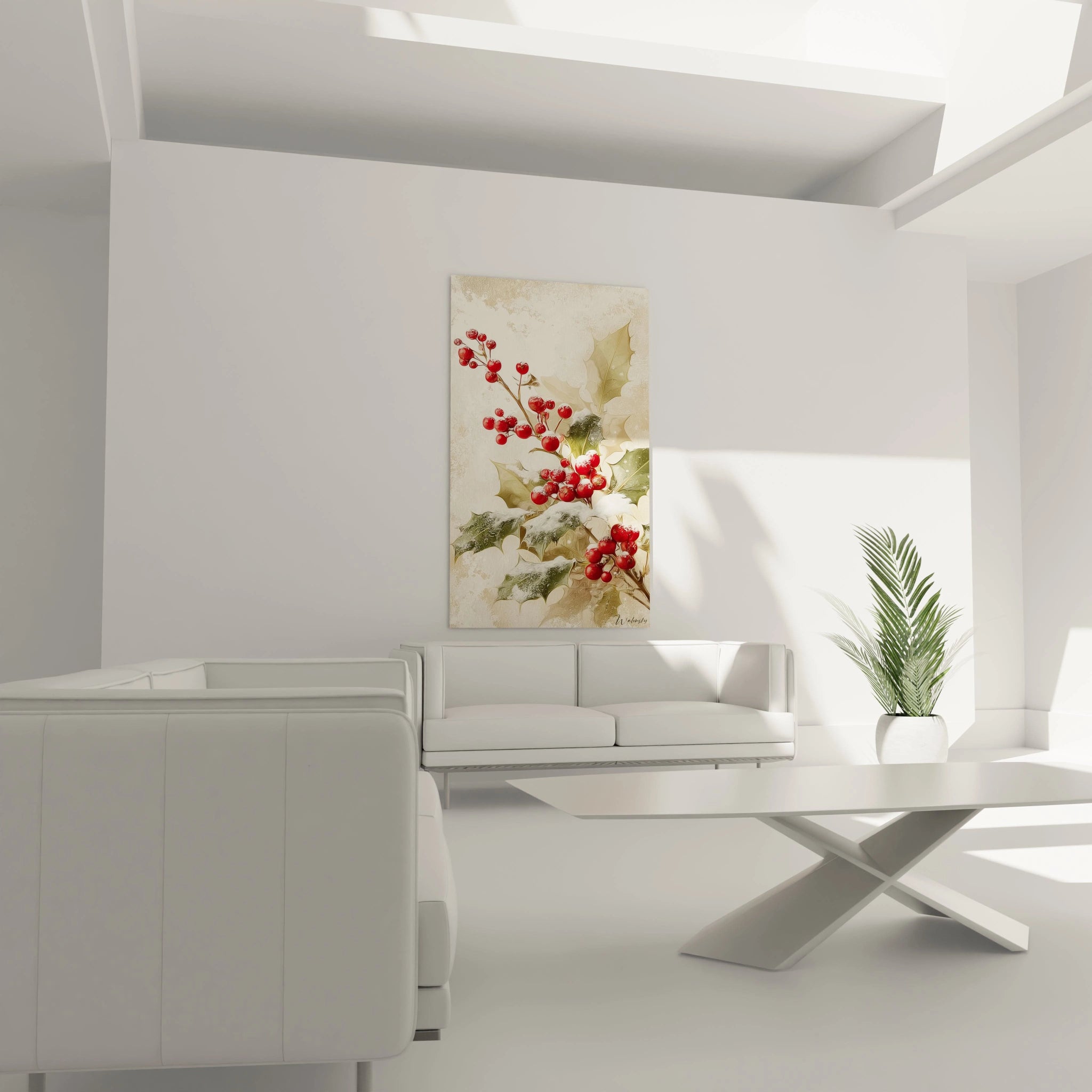 Tableau mural houx soie nacrée avec des baies rouges sur fond beige pour une décoration raffinée