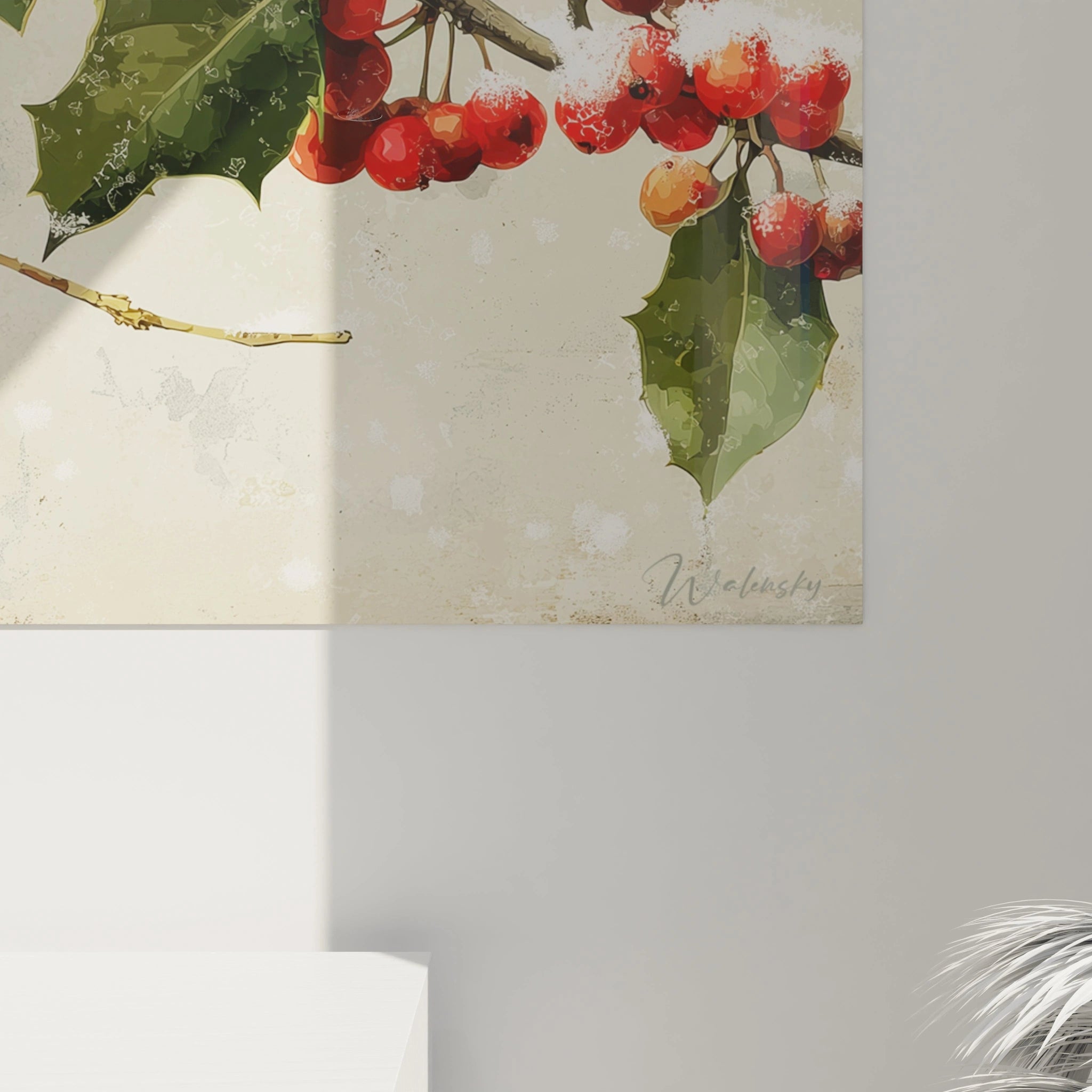 Tableau mural houx édition Noël de Walensky avec des baies rouges sur fond beige