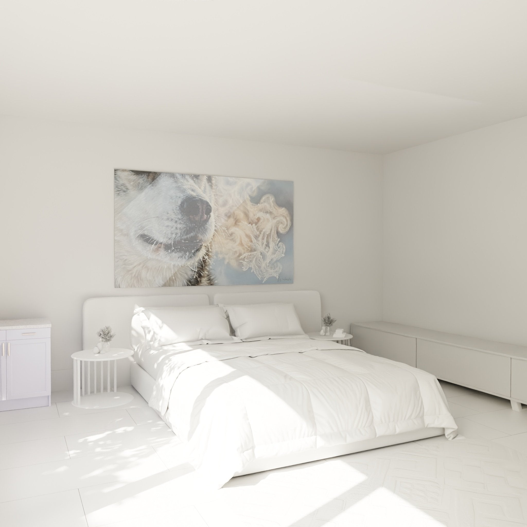 Tableau Husky souffle givré dans chambre moderne, décoration murale art canin nordique