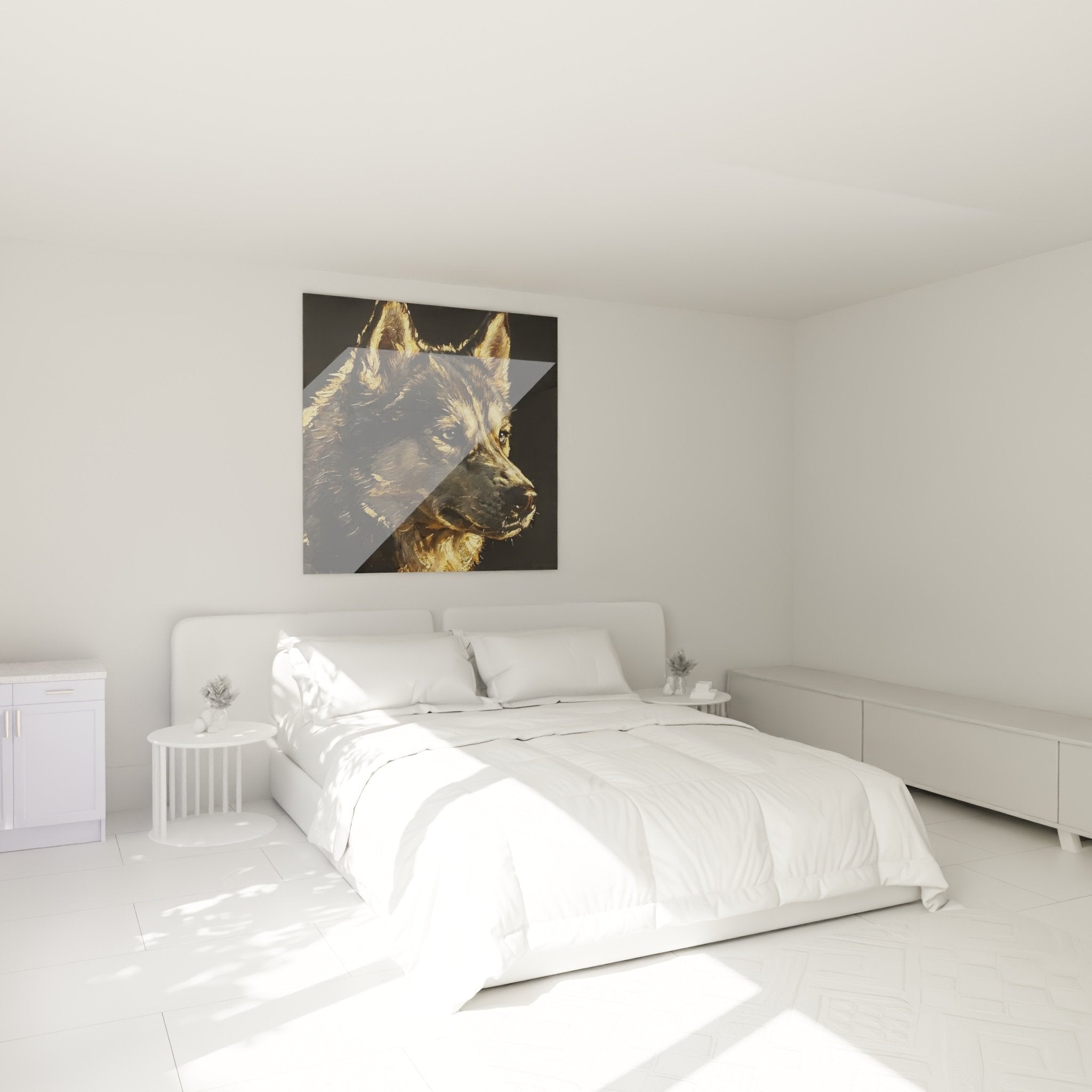 Husky artwork in brown and gold tones hanging above a bed in a modern bedroom with light-colored walls