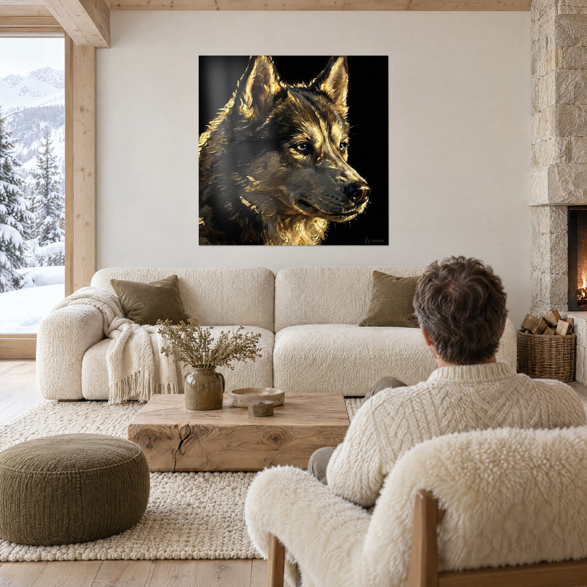 Obraz syberyjski husky o niebieskich oczach, czarna sierść podkreślona złotem, mężczyzna tyłem nad kanapą w jasnym salonie
