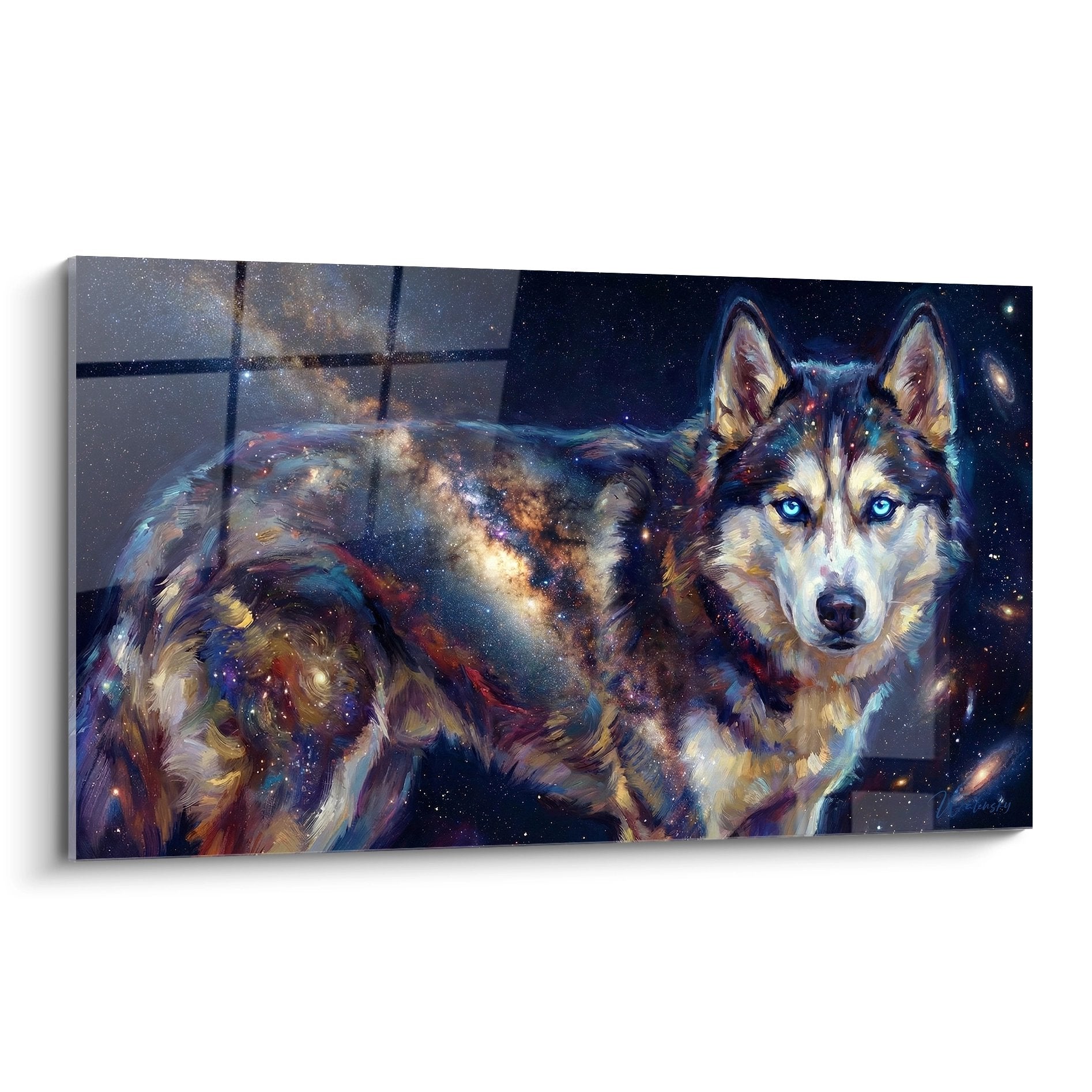 Tableau husky siberien aux yeux bleus dans univers cosmique avec particules stellaires dorees et bleues