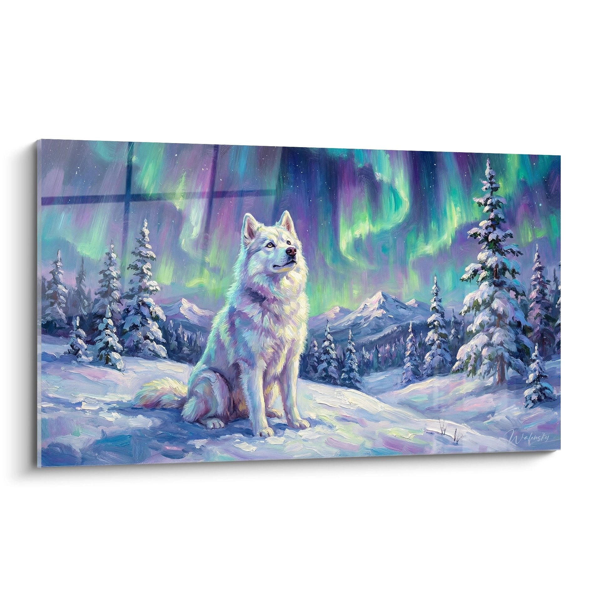 Tableau Husky Sibérien sous aurores boréales violettes et vertes dans paysage enneigé avec sapins et montagnes