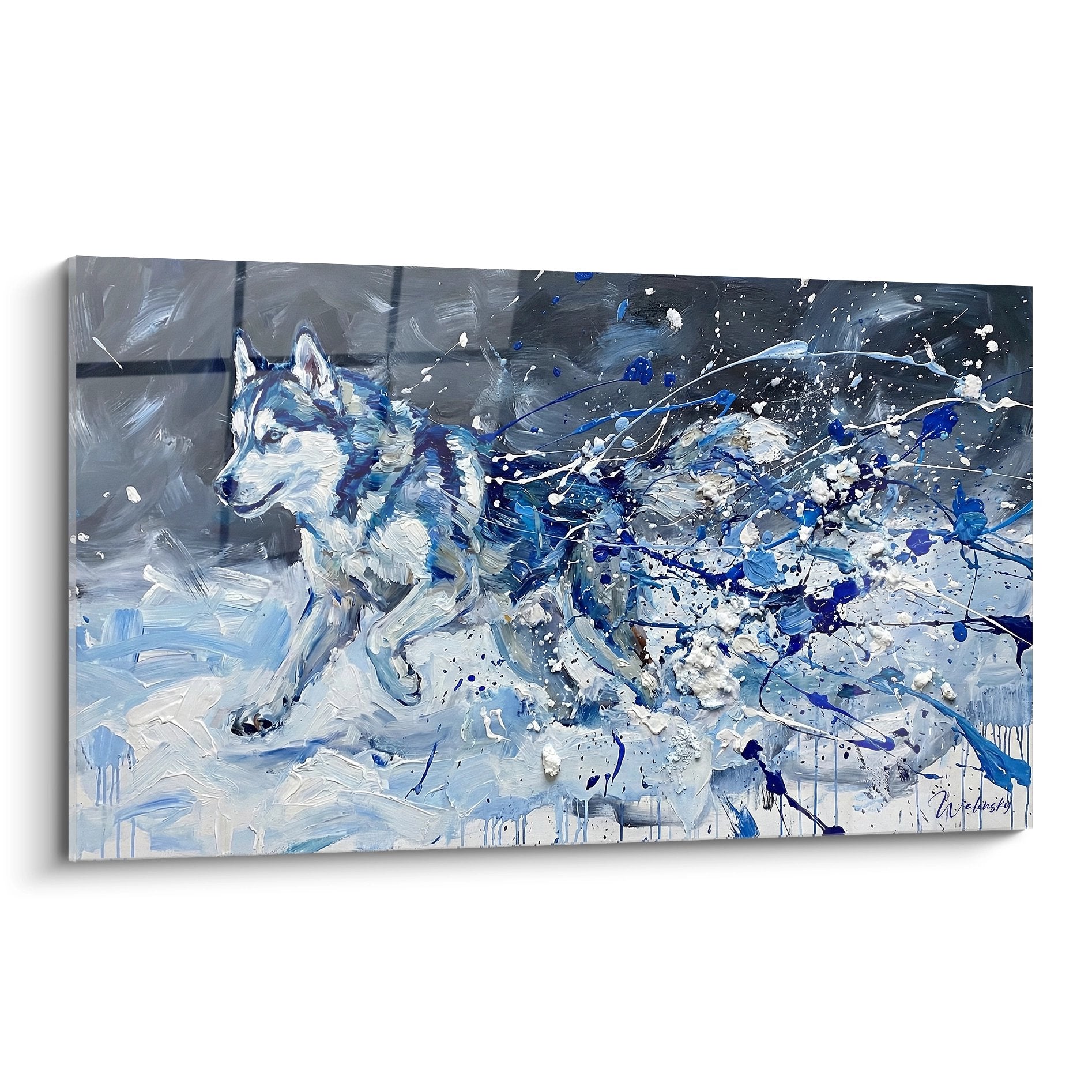 Tableau husky sibérien bleu et gris avec éclaboussures peinture abstraite style contemporain