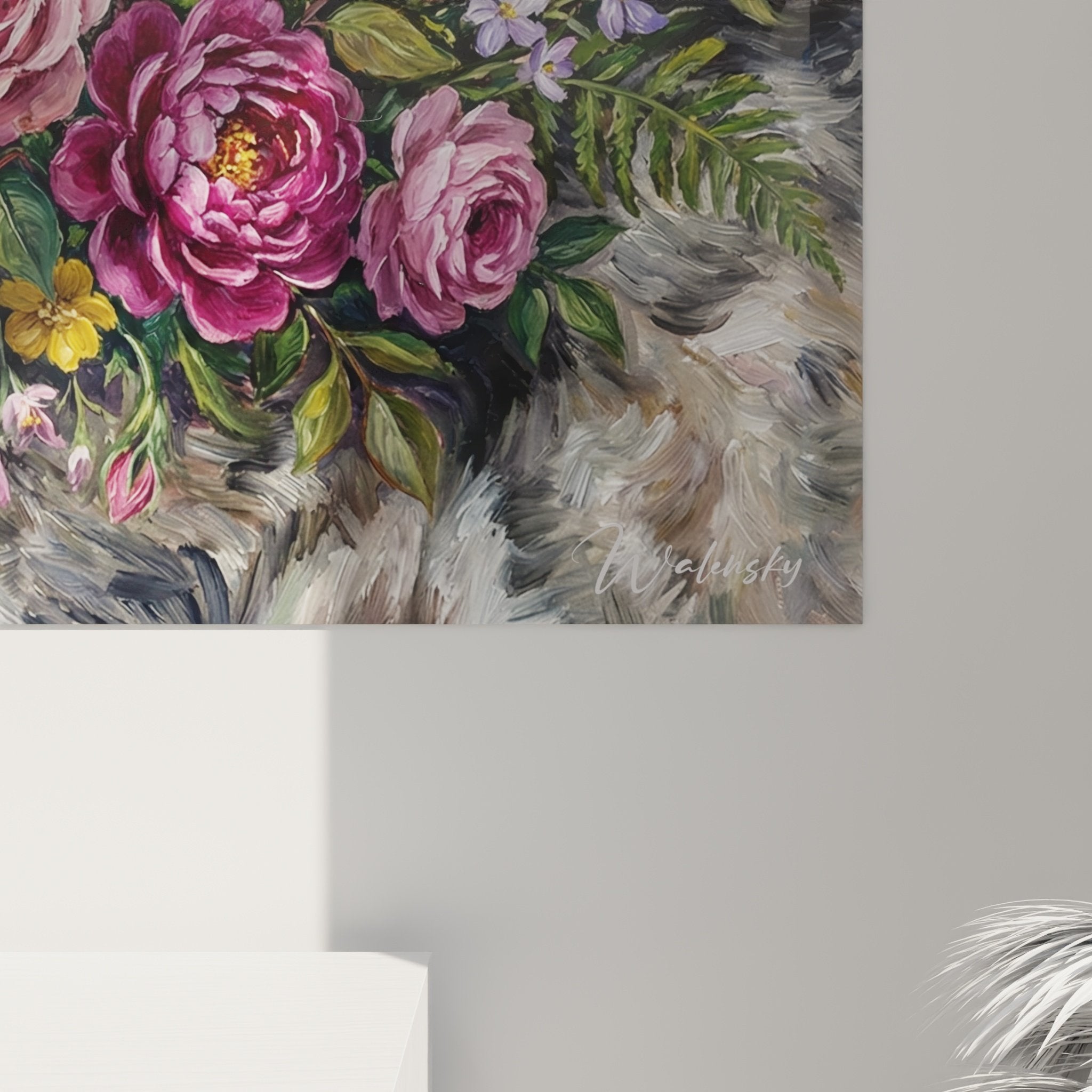 Vue ensemble tableau mural Husky Sibérien bouquet floral pivoines décoration intérieur élégant art canin