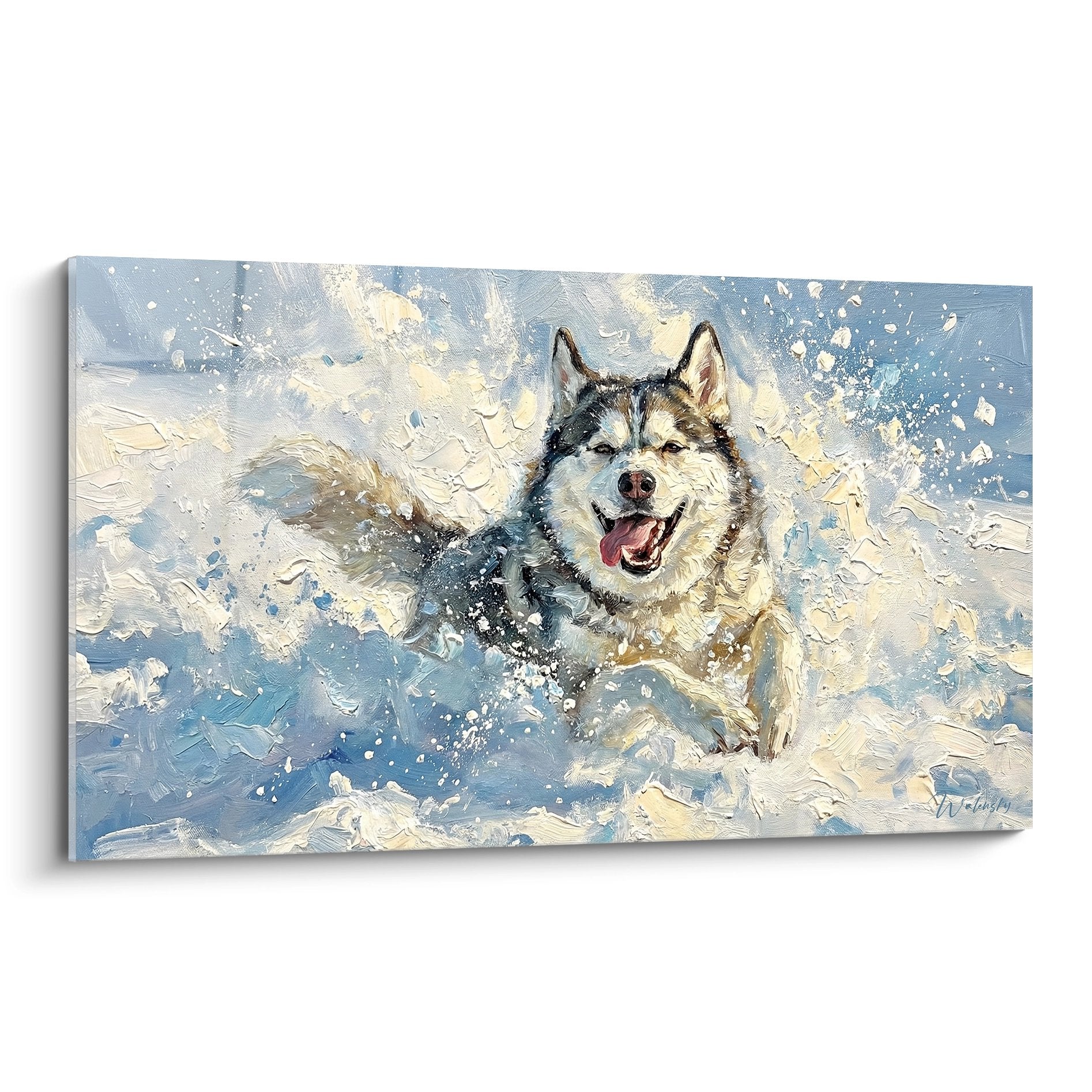 Tableau Husky Sibérien joyeux au milieu d'éclaboussures d'eau cristalline, langue tirée, peinture aux tons bleus et crème