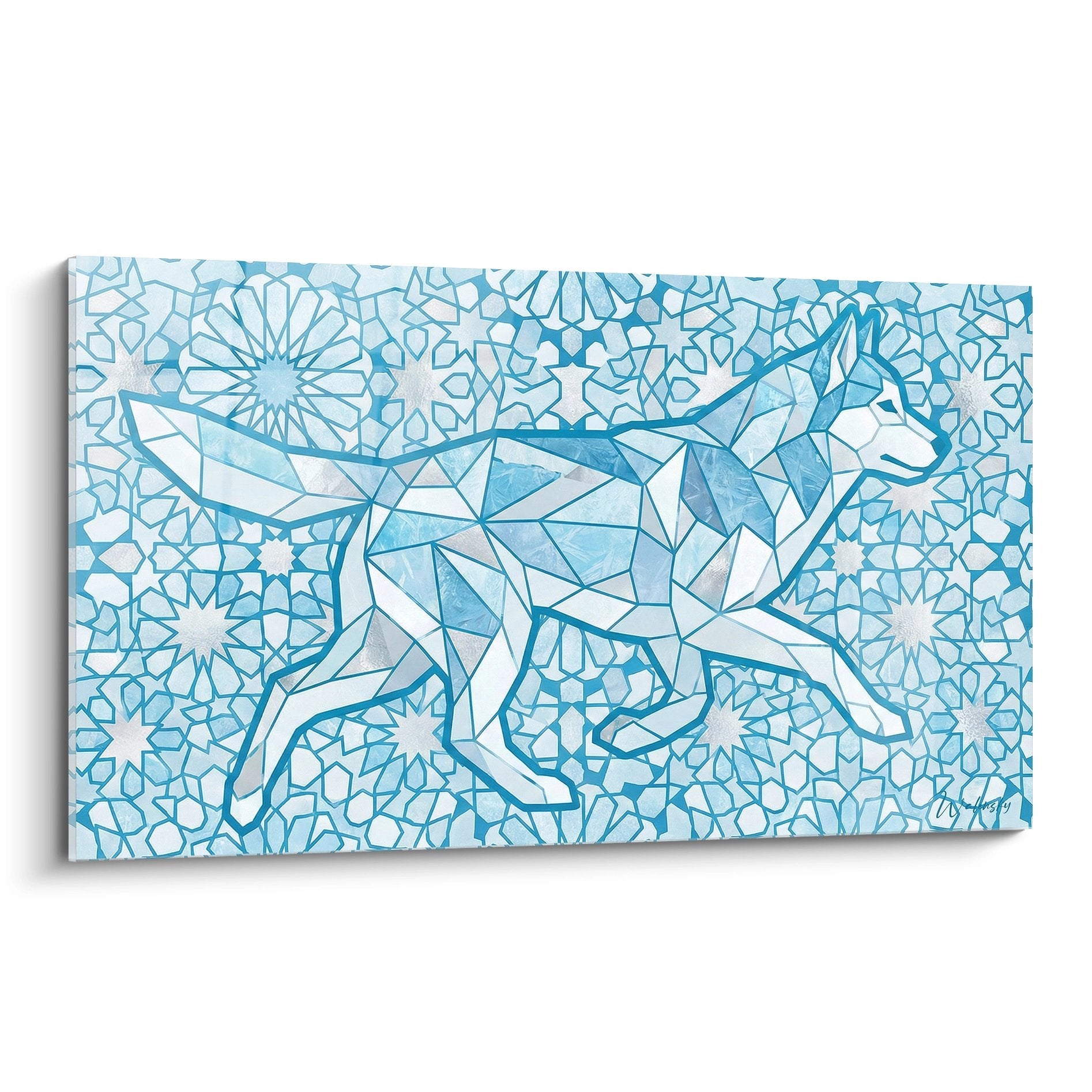 Tableau husky siberien geometrique bleu et blanc style polygonal sur motifs orientaux