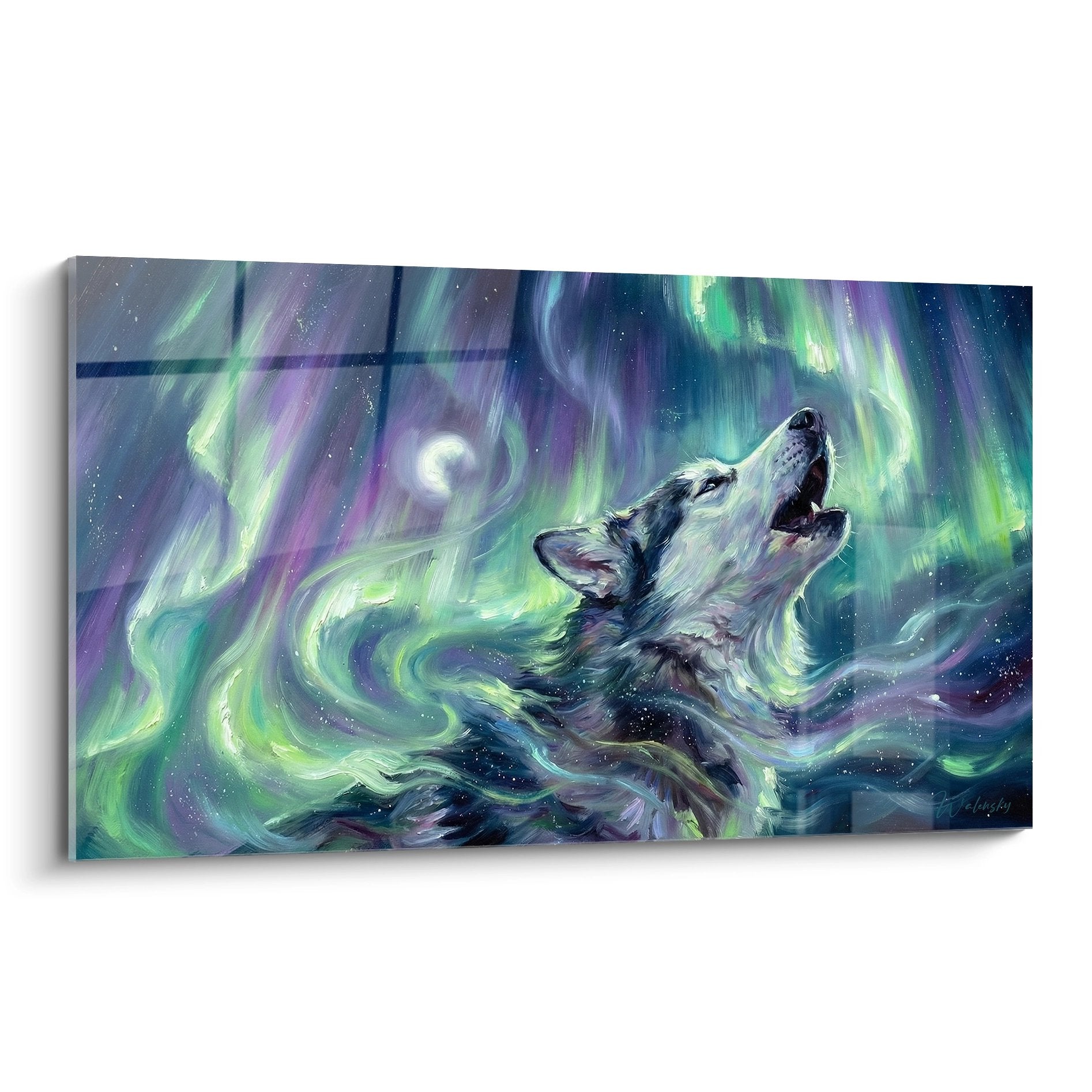 Tableau husky sibérien hurlant sous aurores boréales vertes et violettes avec lune dans ciel étoilé style artistique