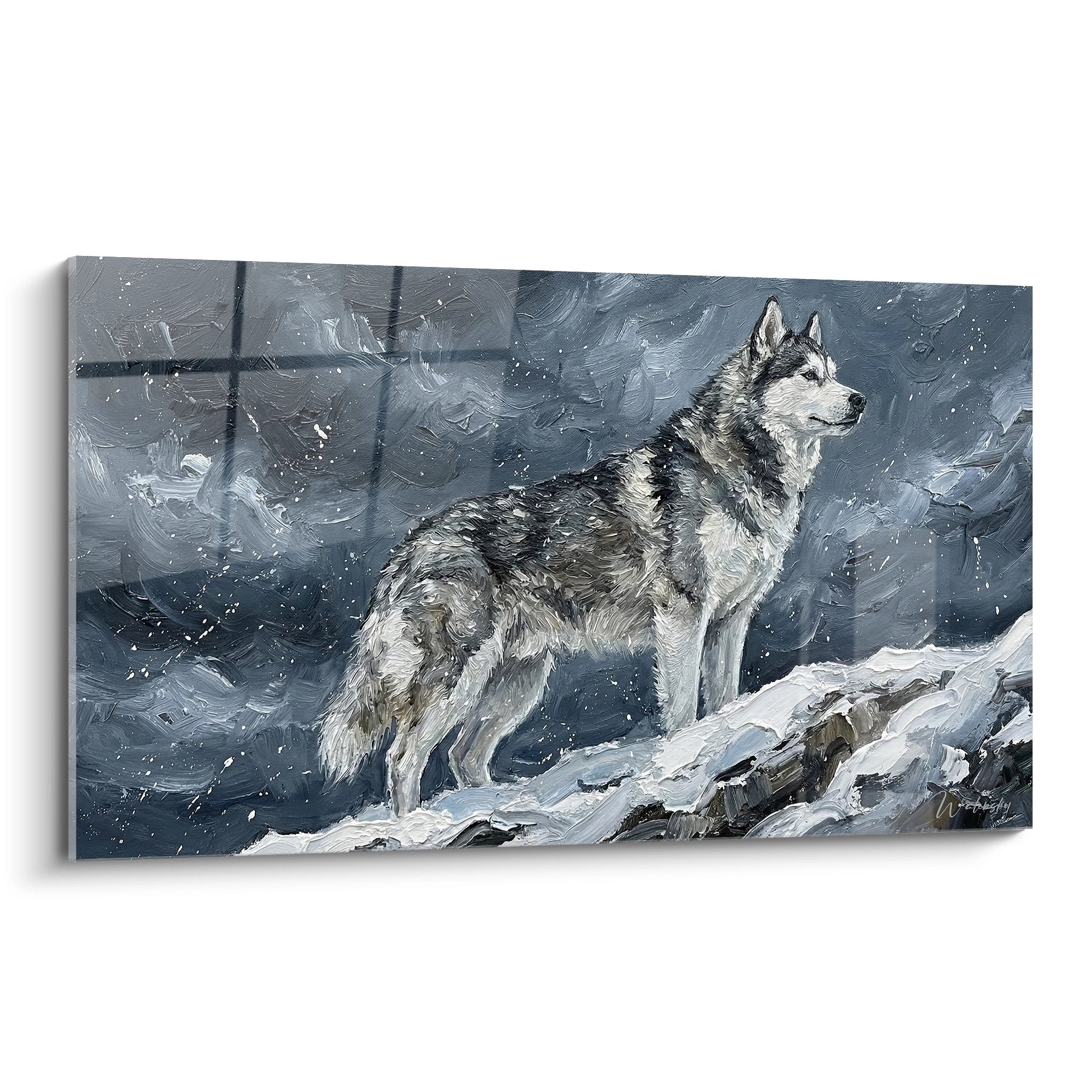 Tableau husky siberien gris blanc tempete neige peinture arctique chien nordique