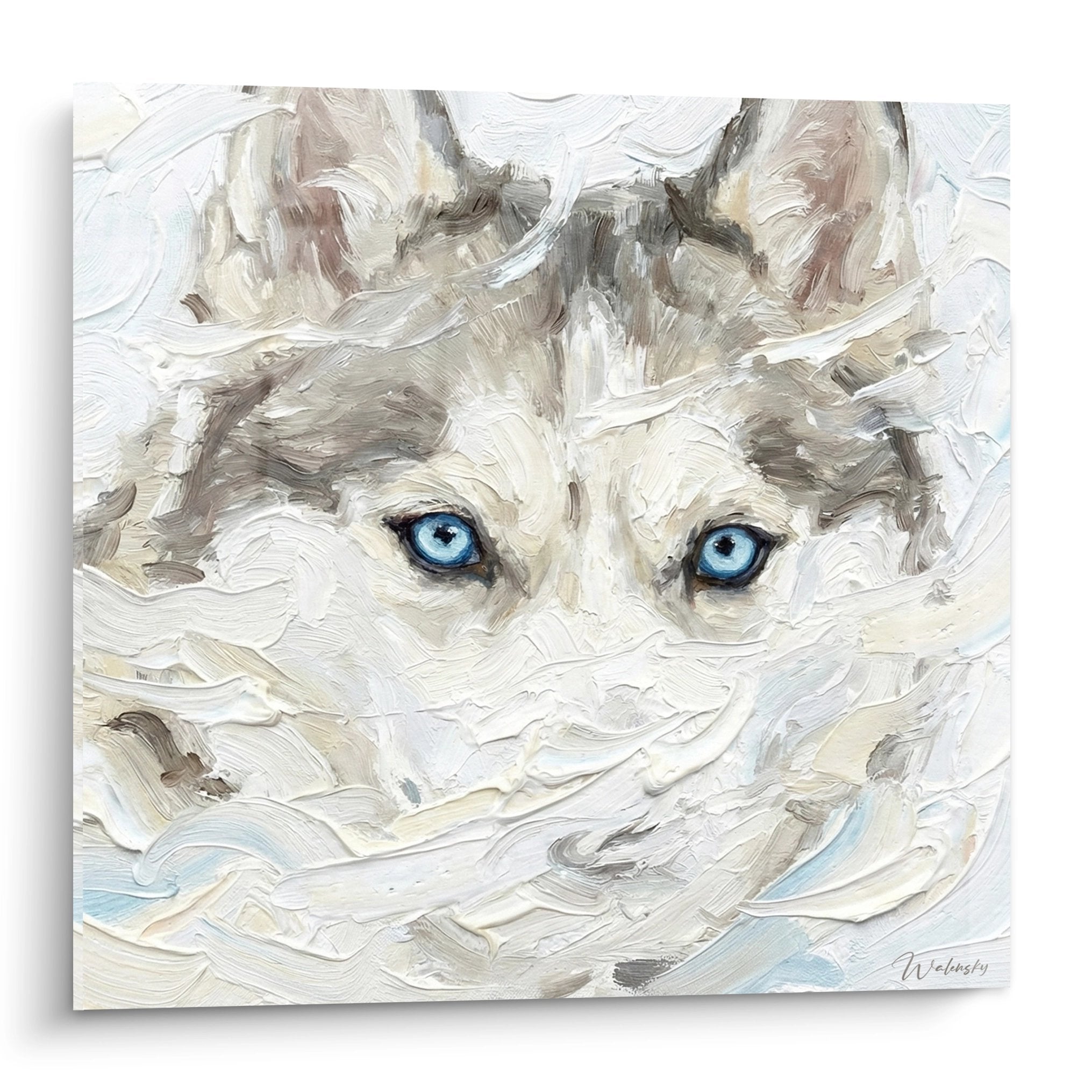 Dipinto olio husky siberiano occhi blu che emerge dalla neve bianca pennellate espressive texture ruvida toni madreperlacei