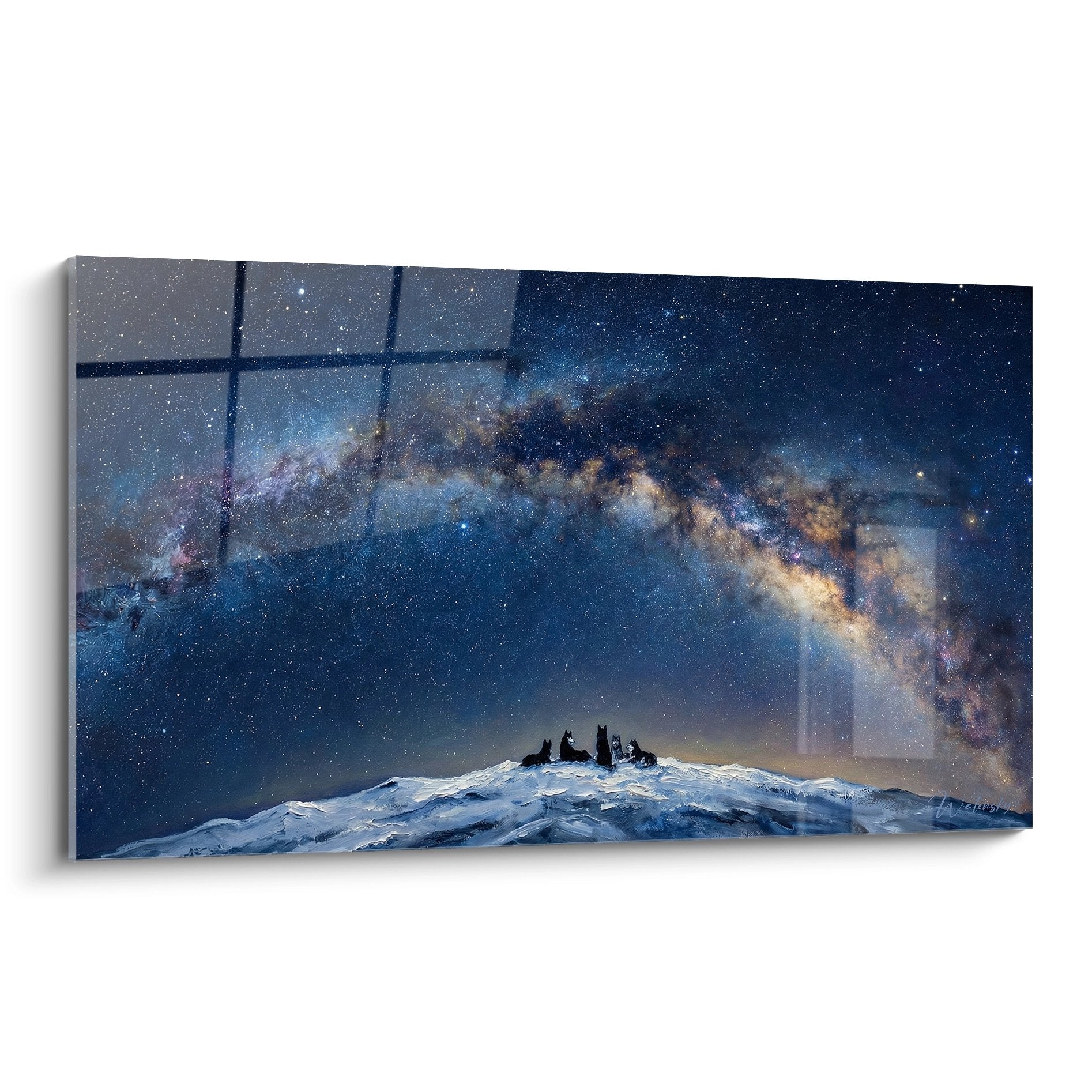 Tableau huskys sibériens silhouettes crête neige voie lactée étoiles ciel nocturne bleu doré cosmique