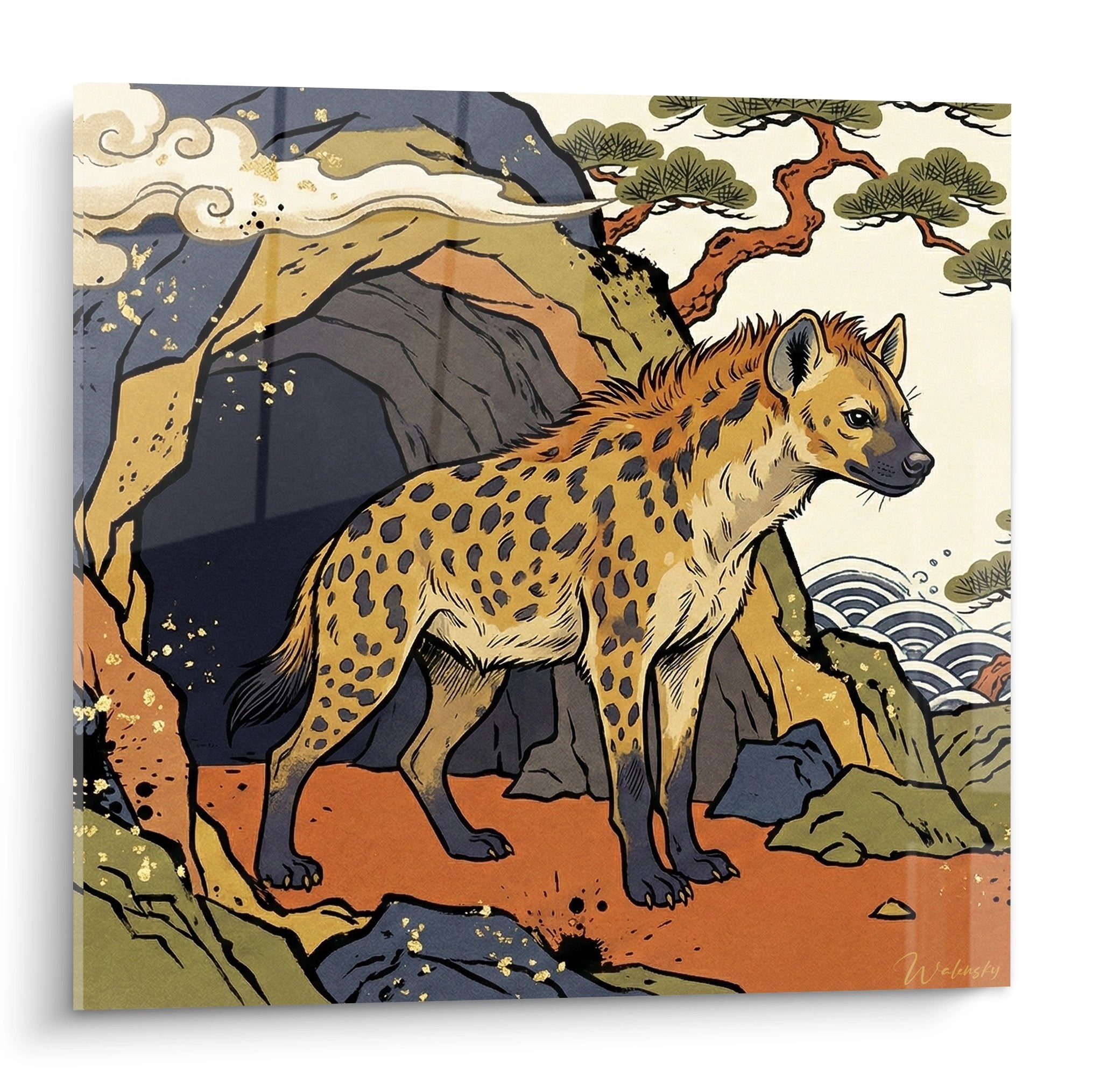 Majestätische gefleckte Hyäne auf ockerfarbenen Felsen, japanischer Stil mit stilisierten Wolken und Terrakotta-Palette