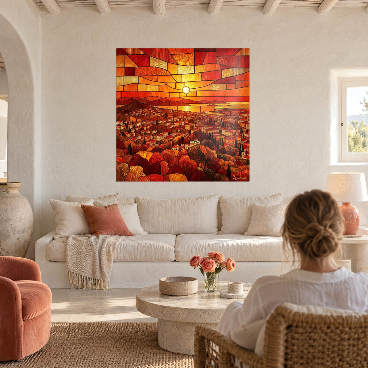 Paysage de village en rouge terracotta et or au-dessus d'un lit dans une chambre claire