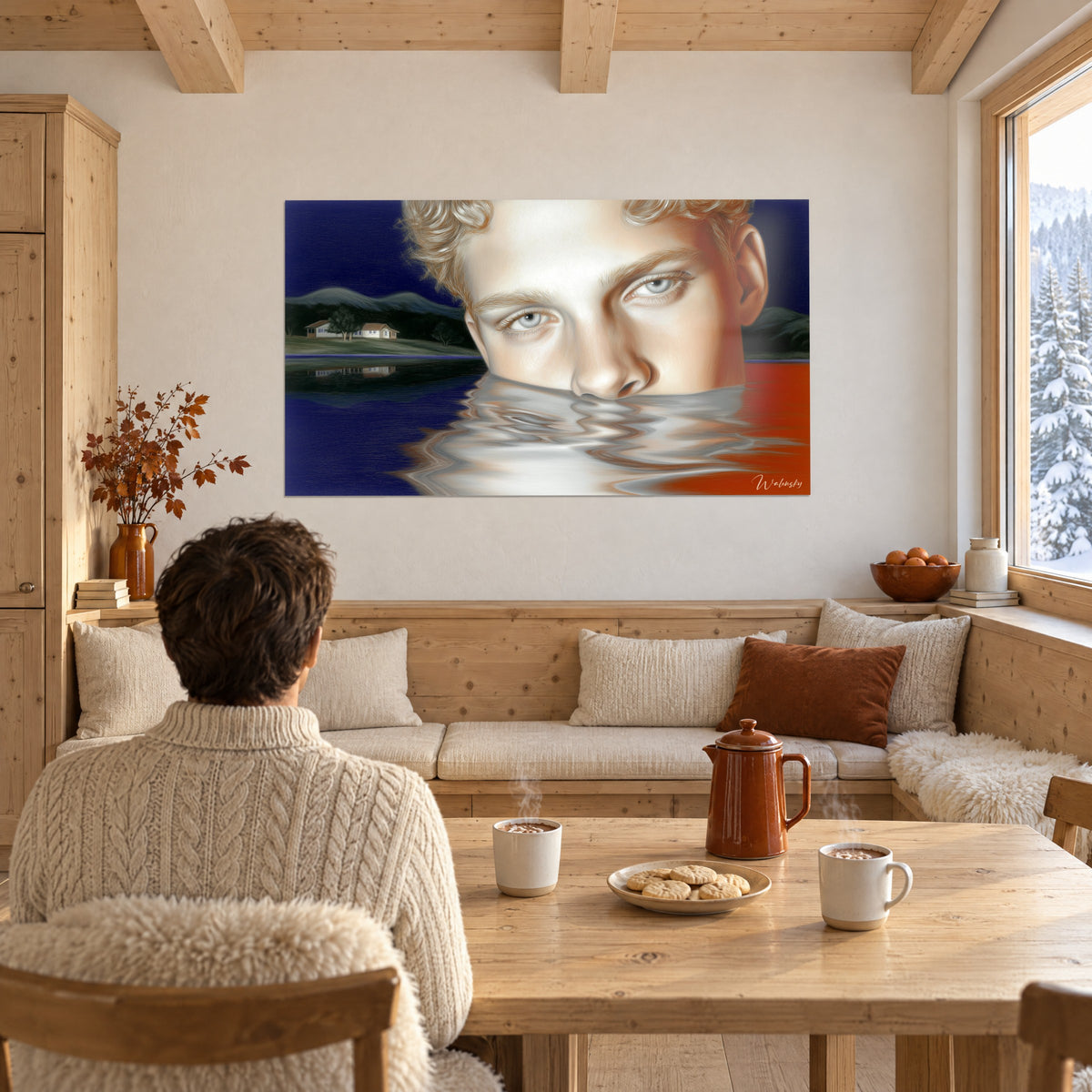 Quadro di una figura maschile dai riccioli dorati, naso e occhi appena sopra un lago ramato, cielo indaco, di fronte a un tavolo di legno da chalet
