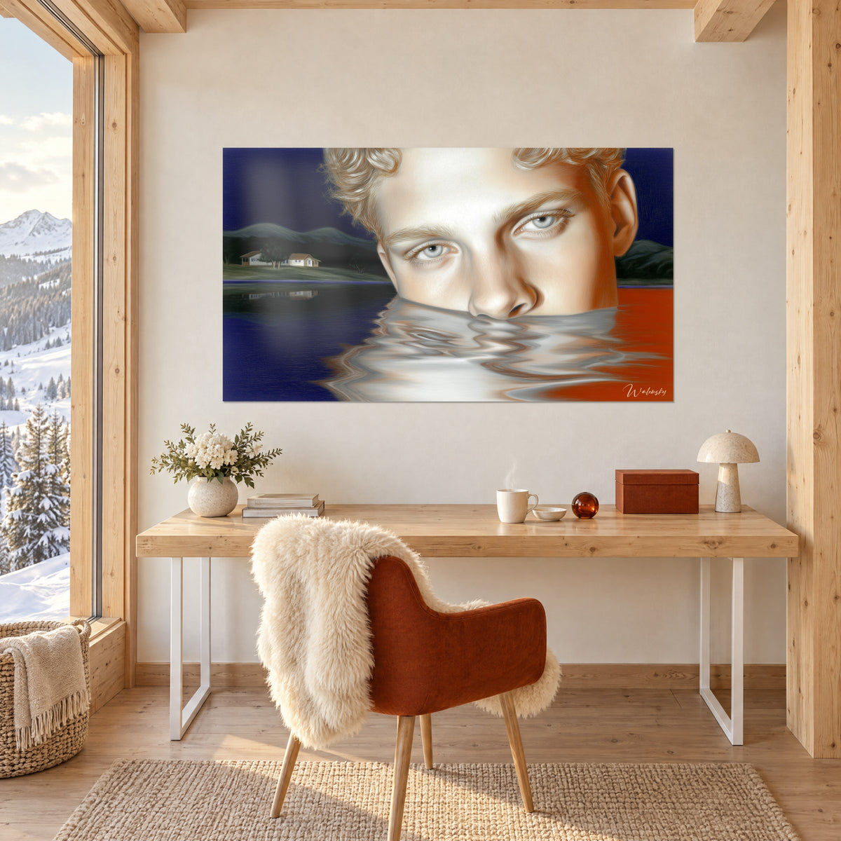Quadro di un giovane dai capelli biondi e ricci immerso fino al naso, riflessi argentati, sfondo blu notte, sopra una scrivania in legno chiaro