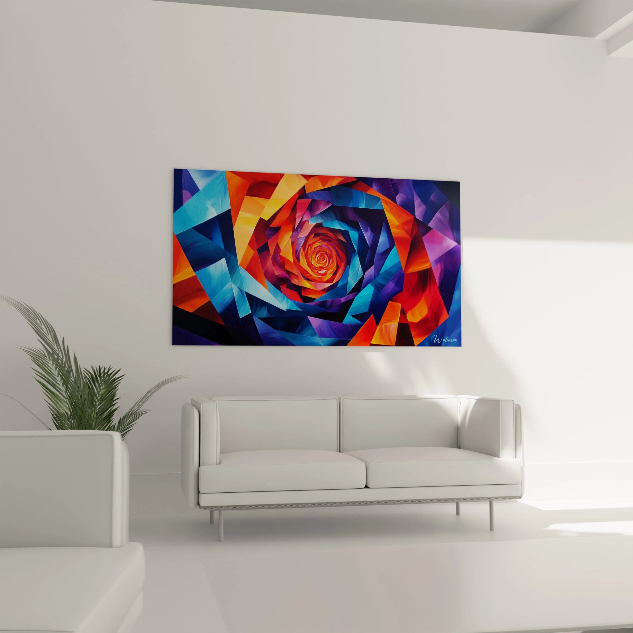 Un tableau abstrait spirale utilisant une technique cubiste pour représenter un tourbillon coloré. Les bleus profonds et les oranges flamboyants contrastent avec les violets et rouges, créant une tension visuelle dans cette composition structurée qui guide l'œil du spectateur vers le cœur rayonnant.