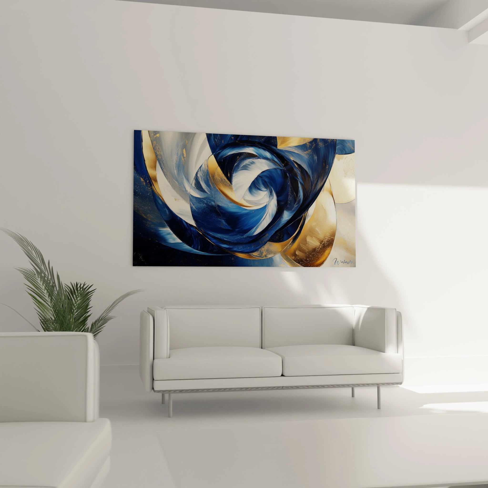 Un tableau abstrait spirale combinant des nuances de bleu marine, blanc nacré et or métallique, formant un mouvement cyclique continu avec des effets de profondeur grâce à des superpositions transparentes.