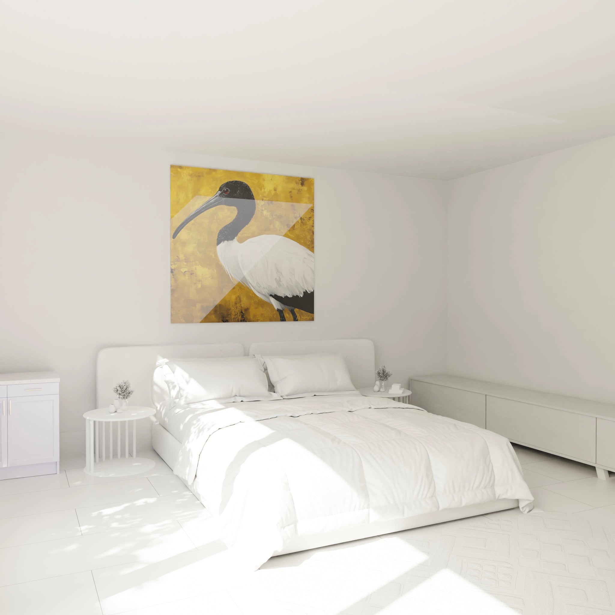 Tableau Egypte mural Walensky représentant un oiseau ibis blanc sur fond jaune dans une chambre moderne