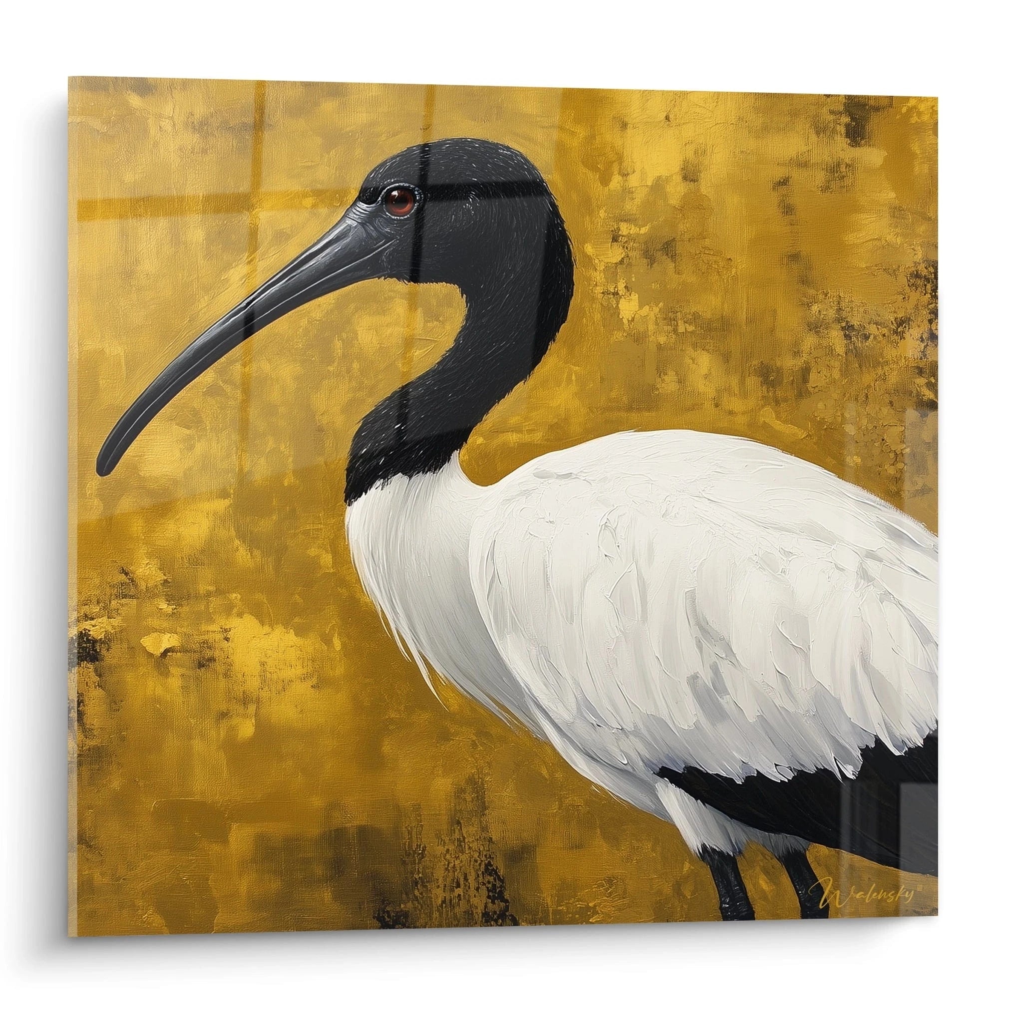 Tableau Egypte mural de Walensky représentant un ibis sacré blanc et noir sur fond doré