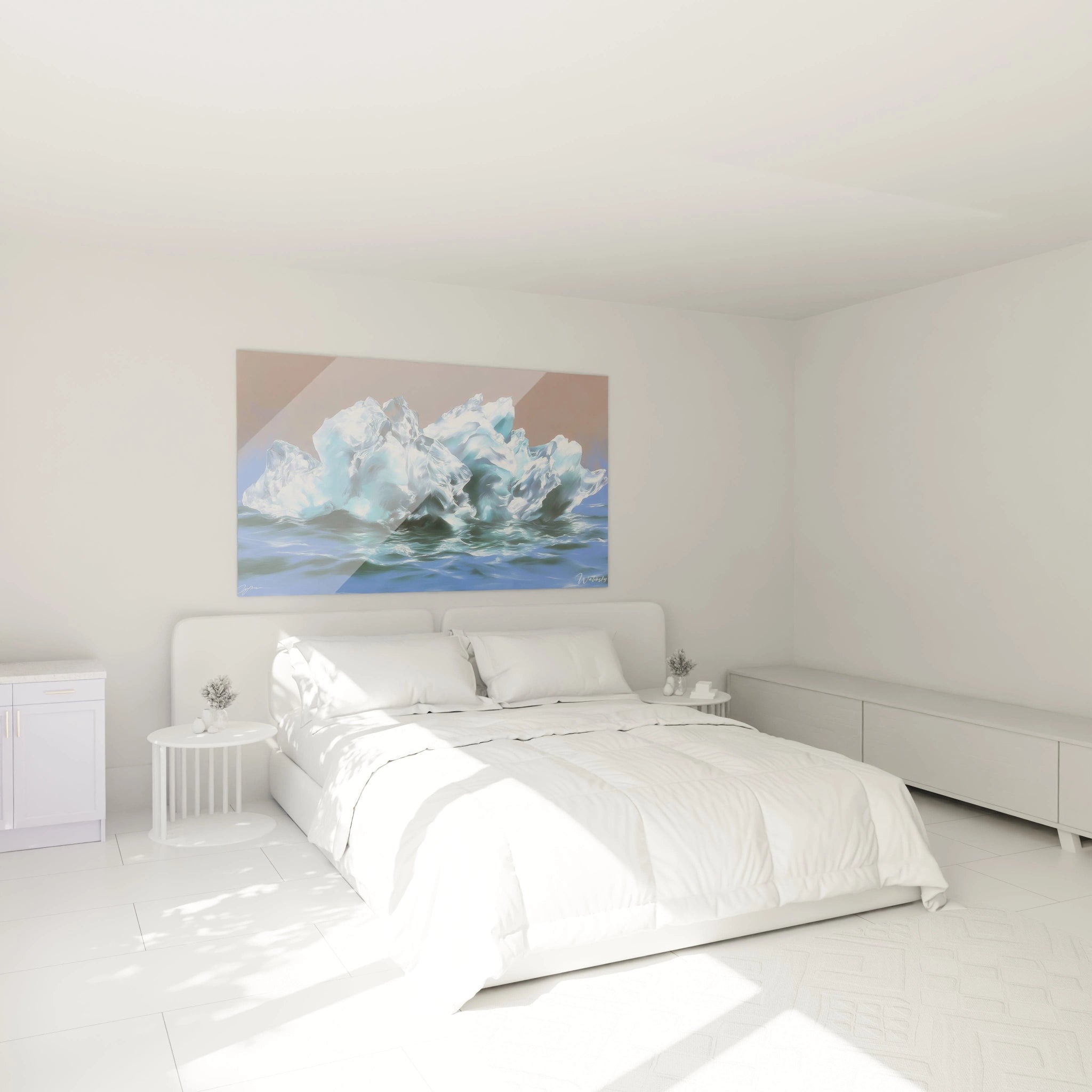 Tableau mural Walensky avec tableau iceberg géant hyperréalisme représentant iceberg détaillé sur mer, décor chambre minimaliste