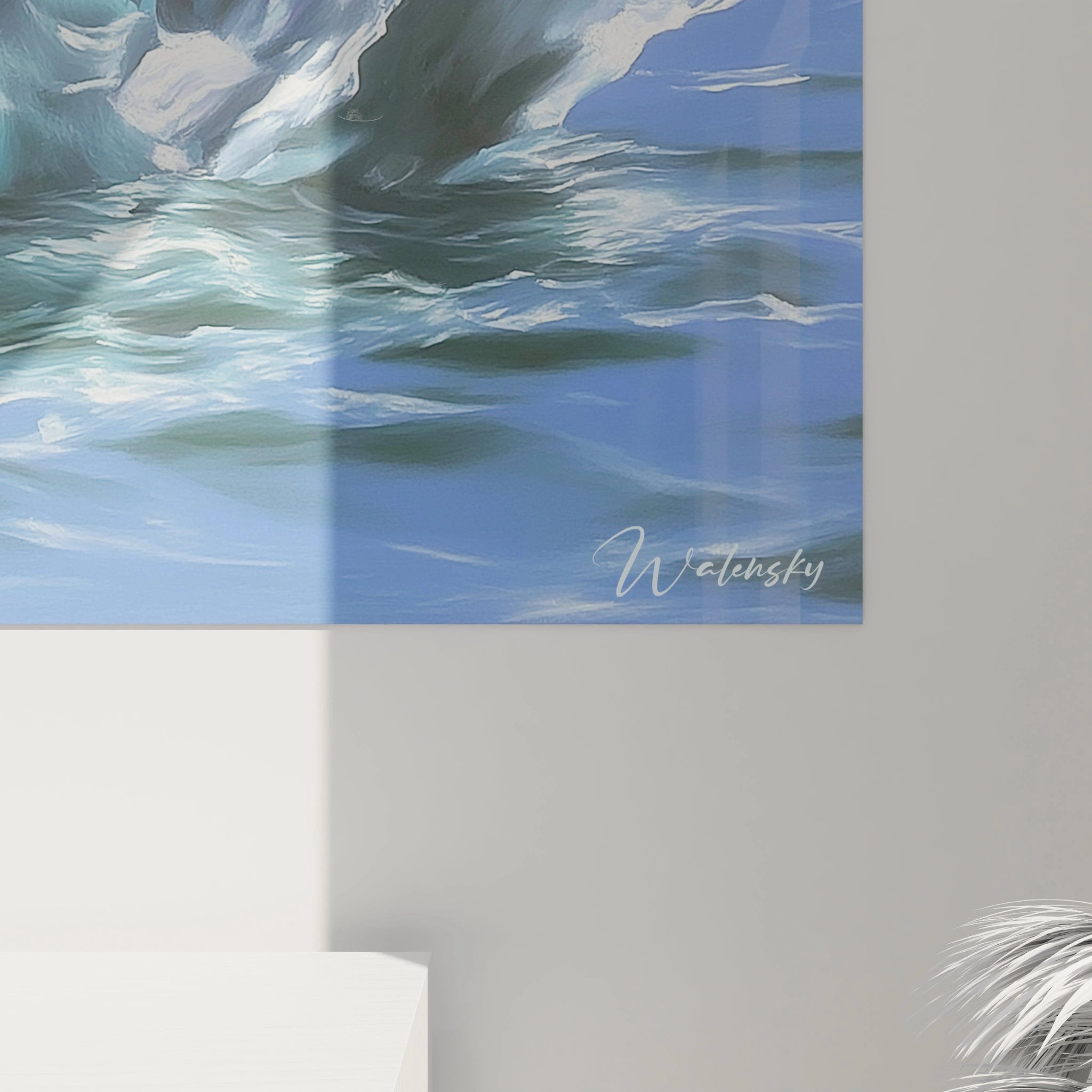 Walensky tableau mural montrant un tableau iceberg géant hyperréalisme sur mur moderne avec vagues et signature