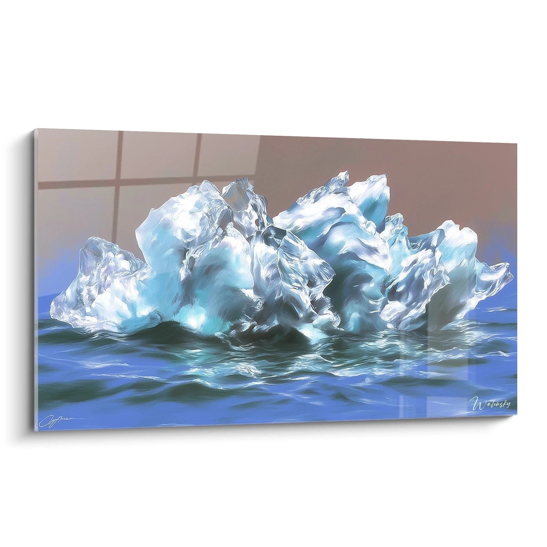 Tableau Walensky montrant un tableau iceberg géant hyperréalisme flottant sur eau avec reflets lumineux et textures détaillées