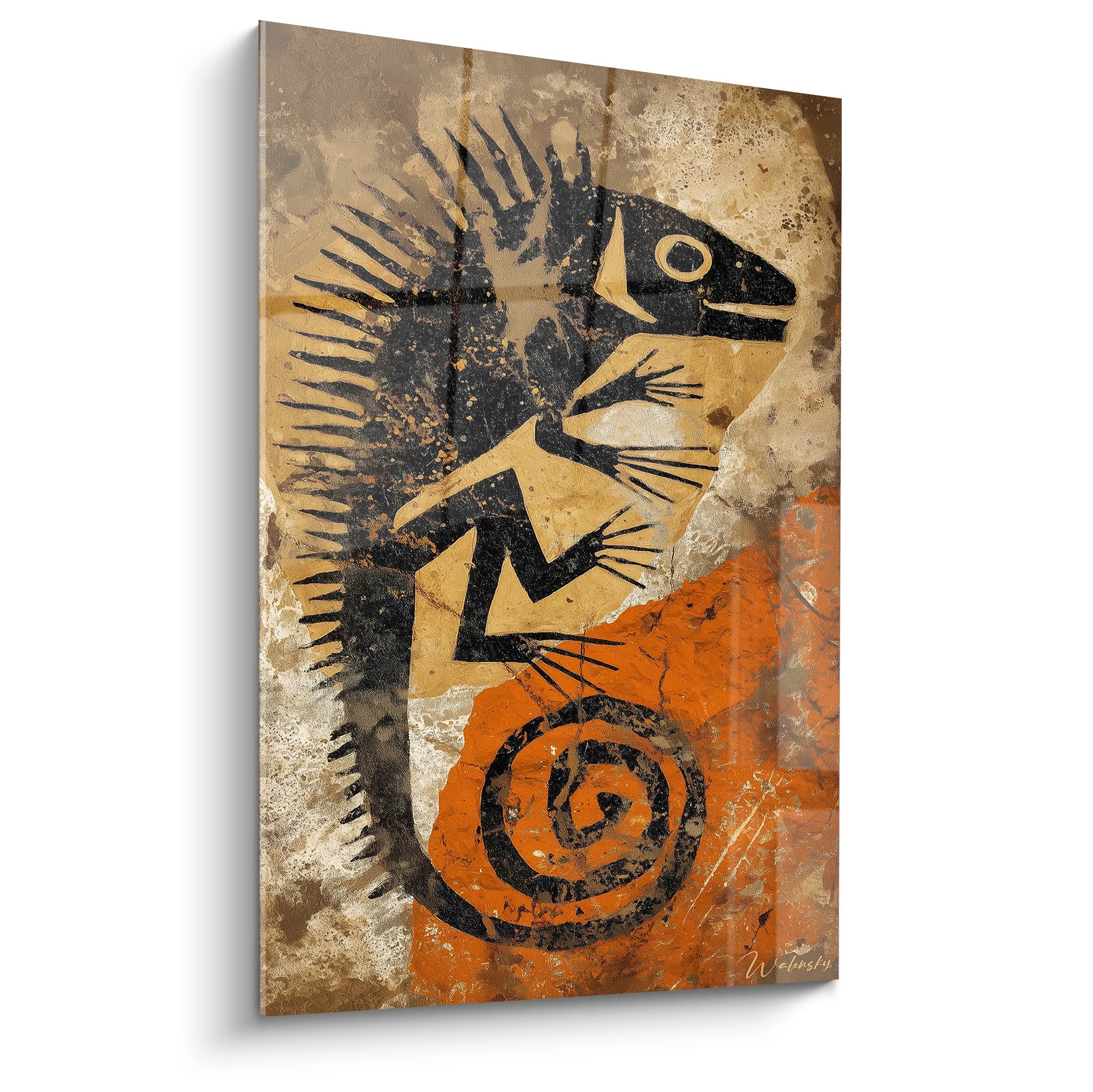 Tableau mural iguane préhistorique avec spirales ocre, art rupestre décoratif, peinture primitive moderne
