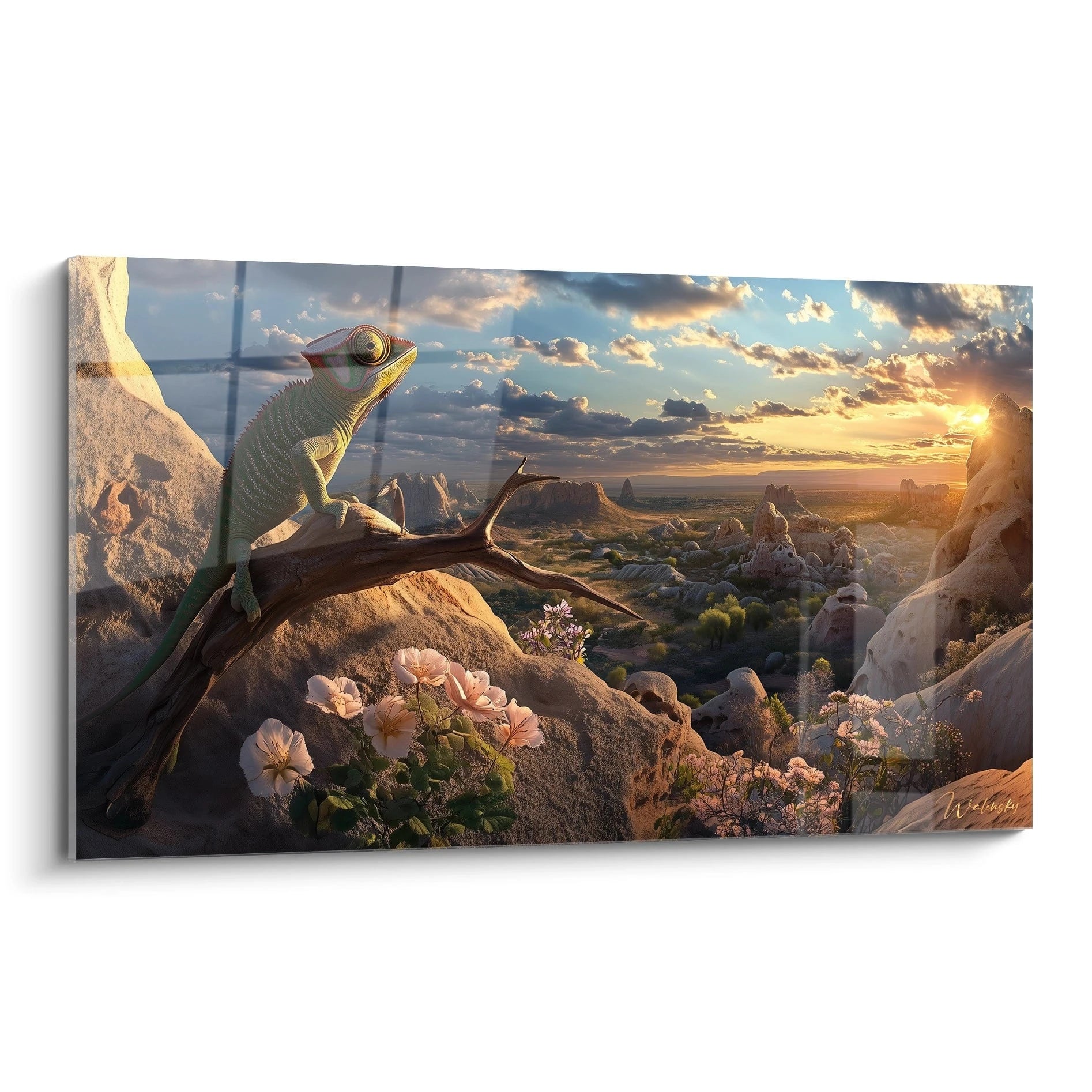 Tableau caméléon Walensky sur fond de paysage avec coucher de soleil et fleurs colorées