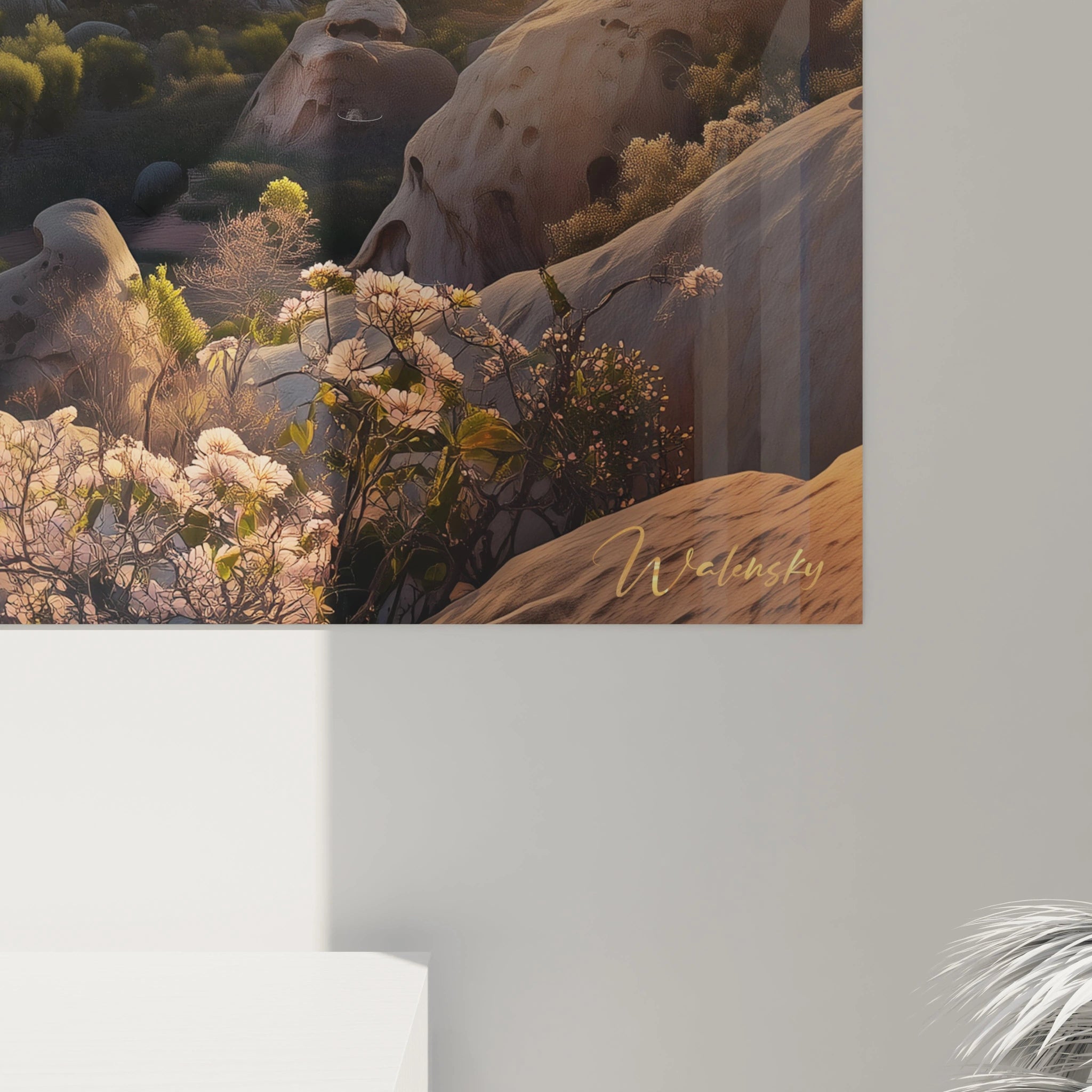 Tableau caméléon Walensky représentant un paysage naturel avec des fleurs et des formations rocheuses