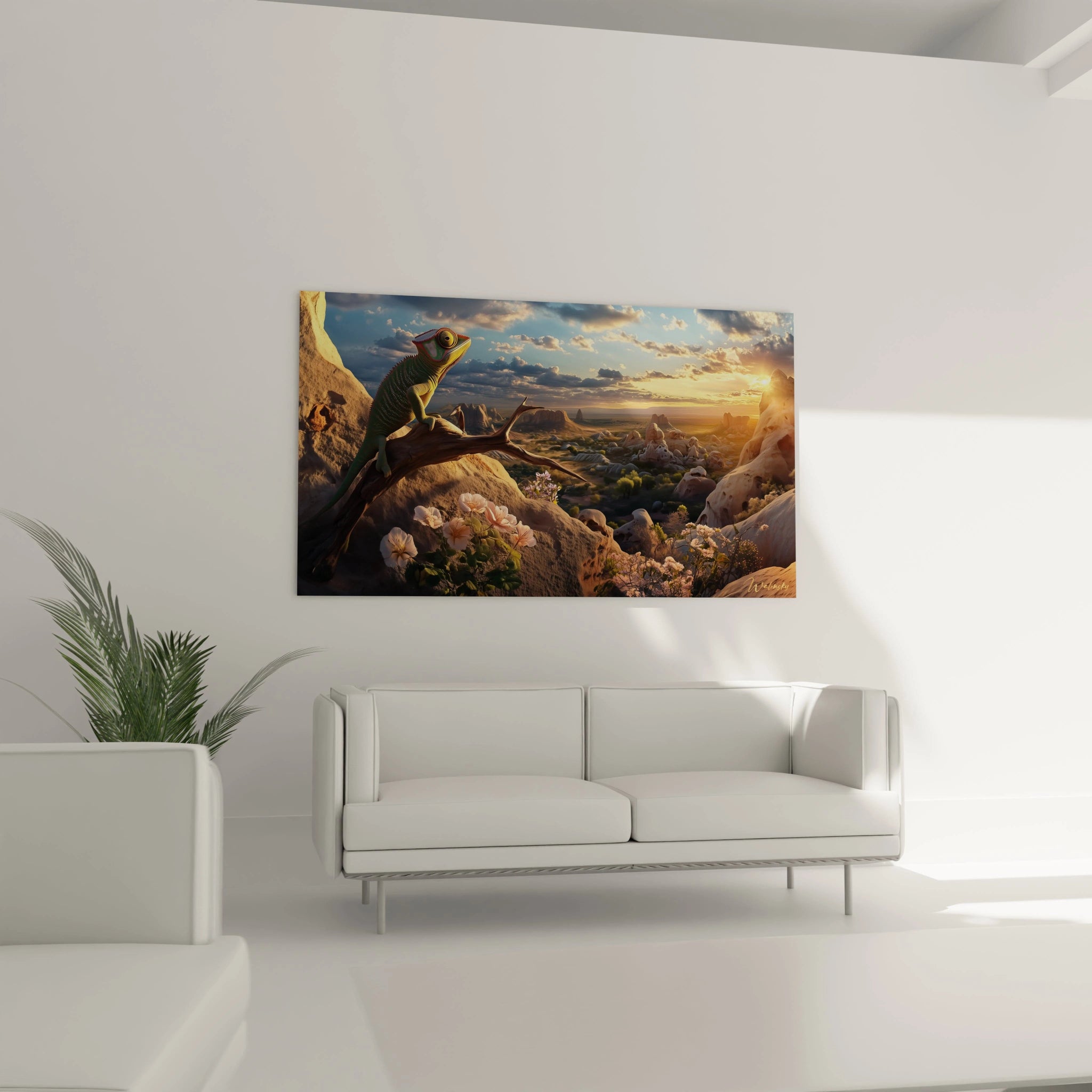 Tableau caméléon Walensky sur un mur blanc illustrant un paysage coloré au coucher du soleil