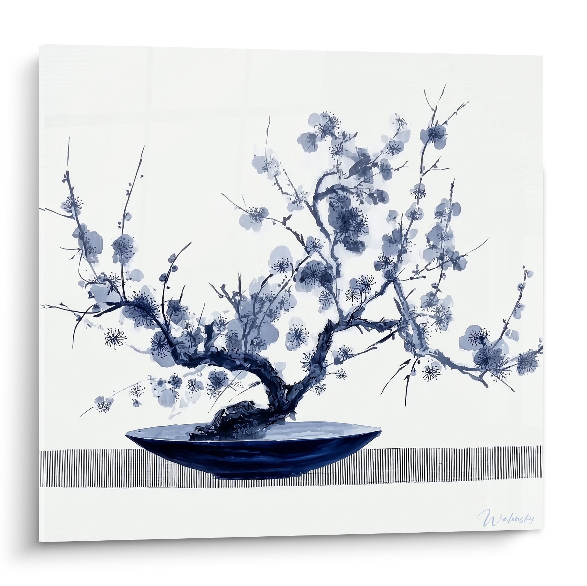 Ikebana flower arrangement plum branch blue flowers navy vase white background Japanese floral art zen