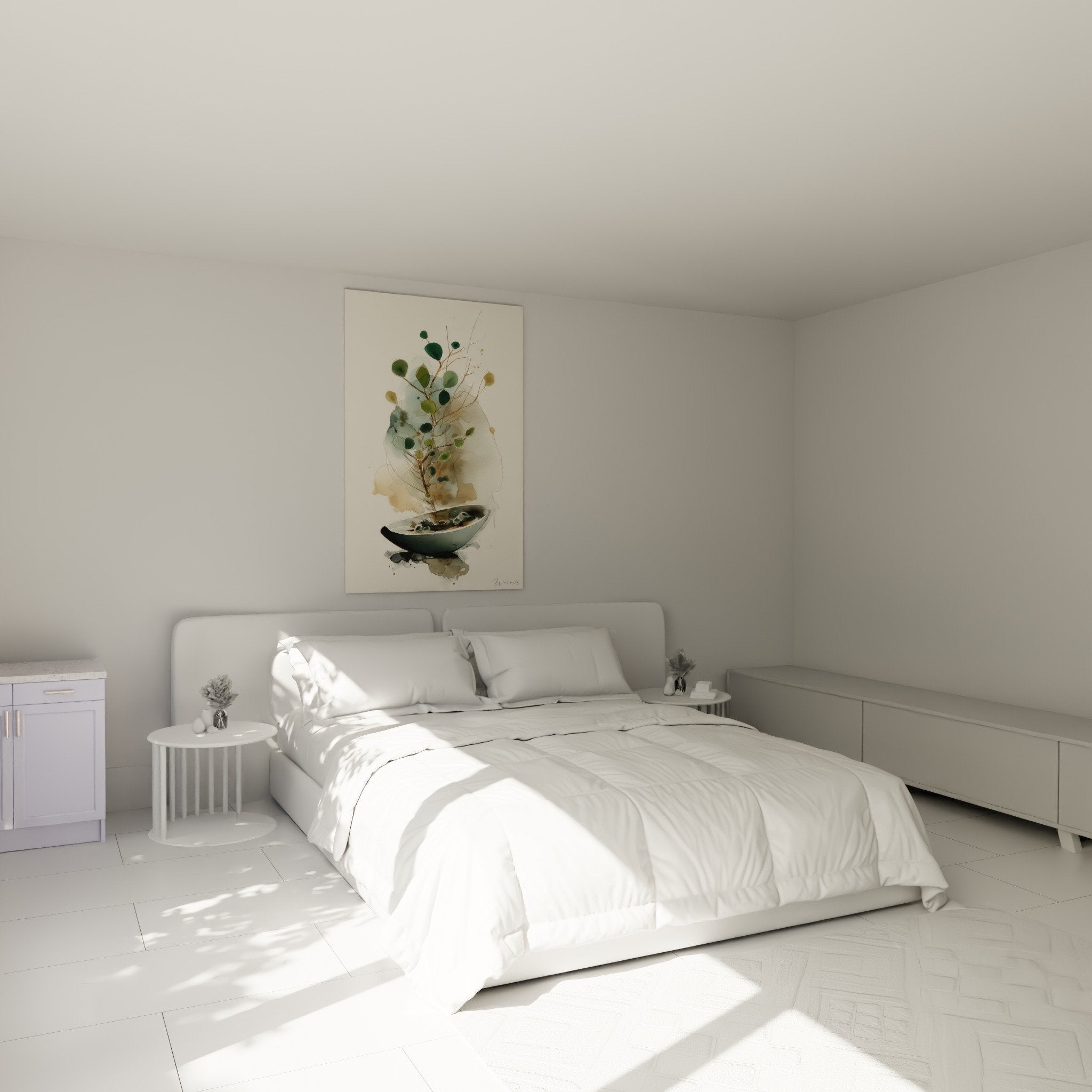 Aquarelle composition florale japonaise bol sombre et feuillage vert dans chambre decoration murale zen
