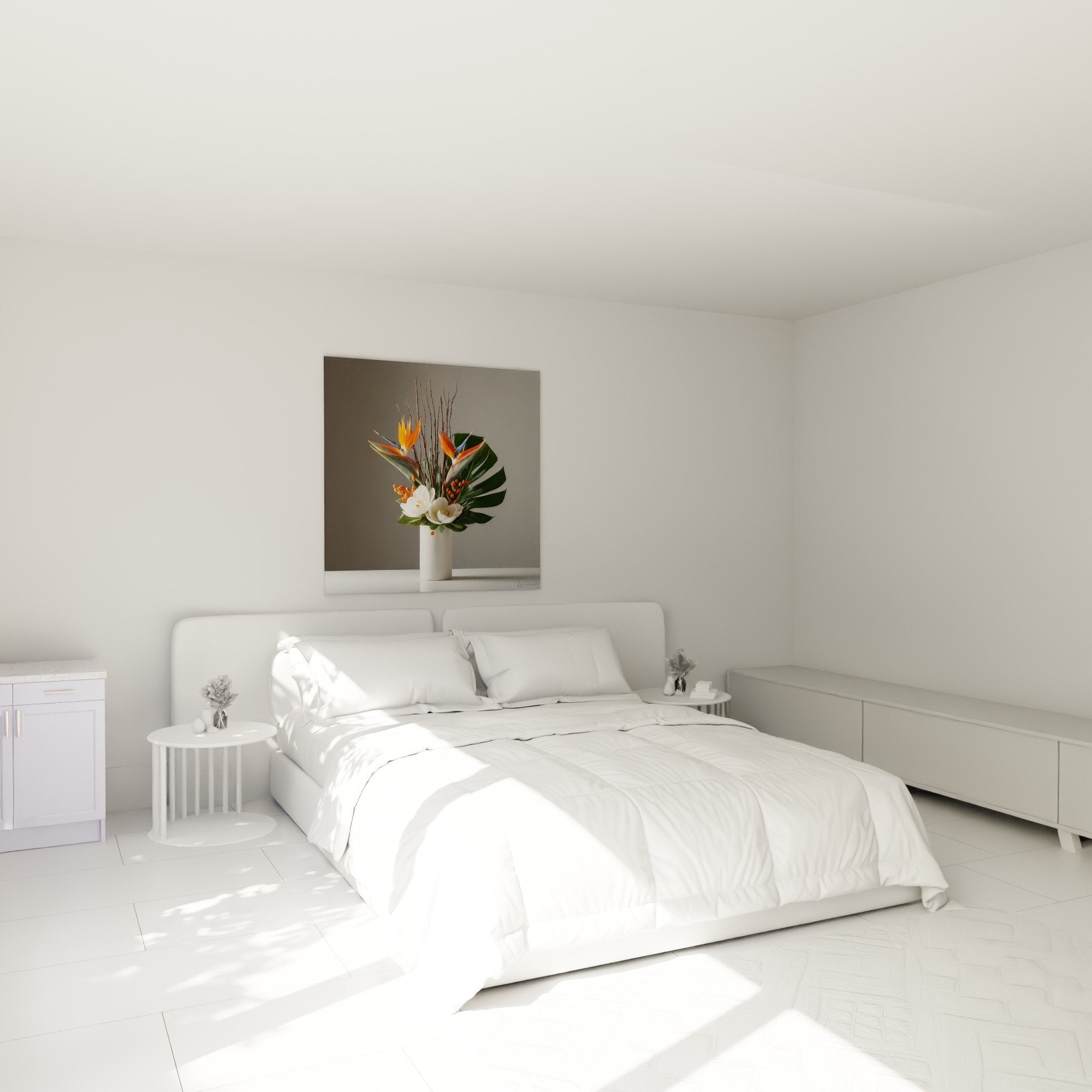 Tableau ikebana vase blanc fleurs orange dans chambre decoration zen murale apaisante