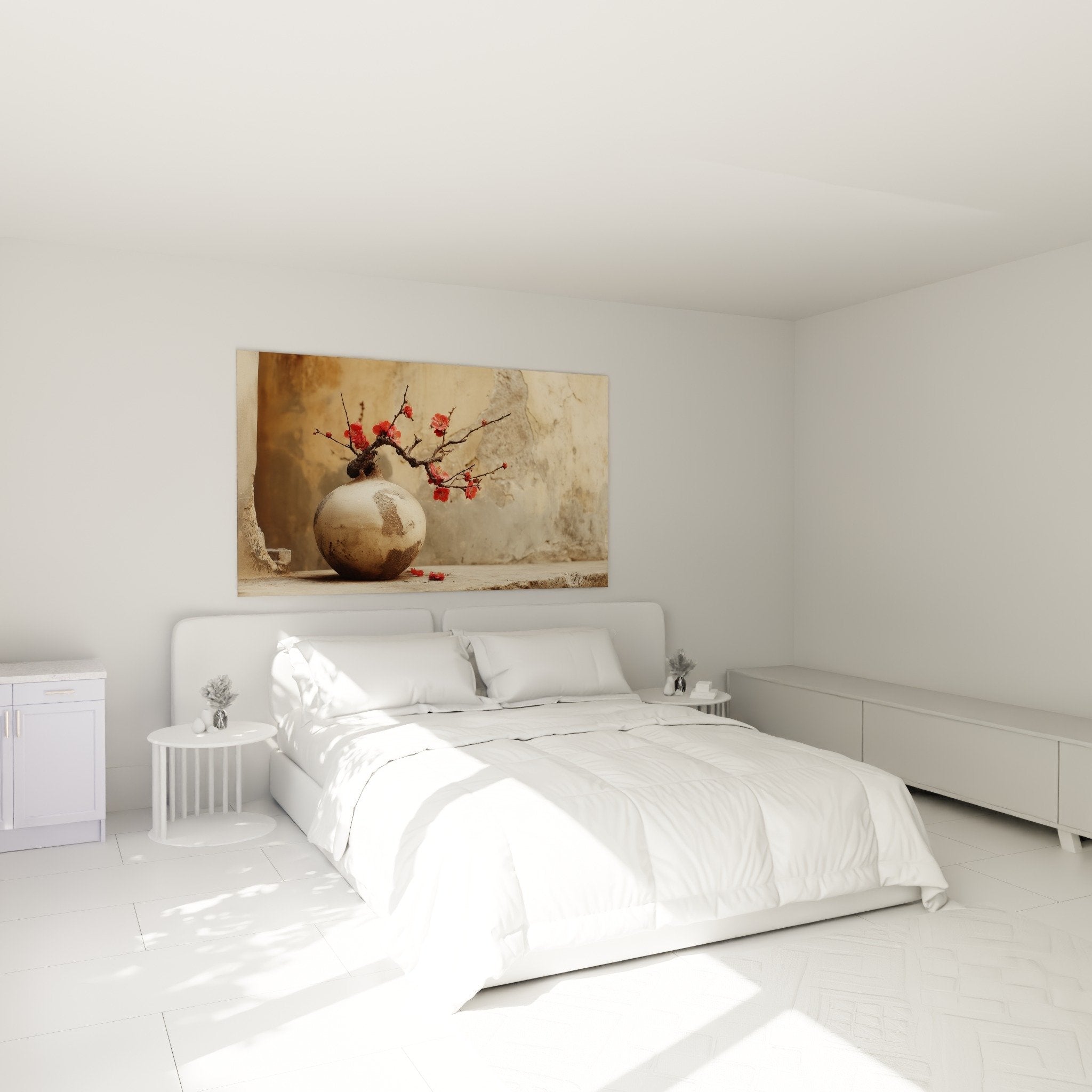 tableau ikebana vase ceramique fleurs rouges dans chambre zen decoration murale apaisante style japonais