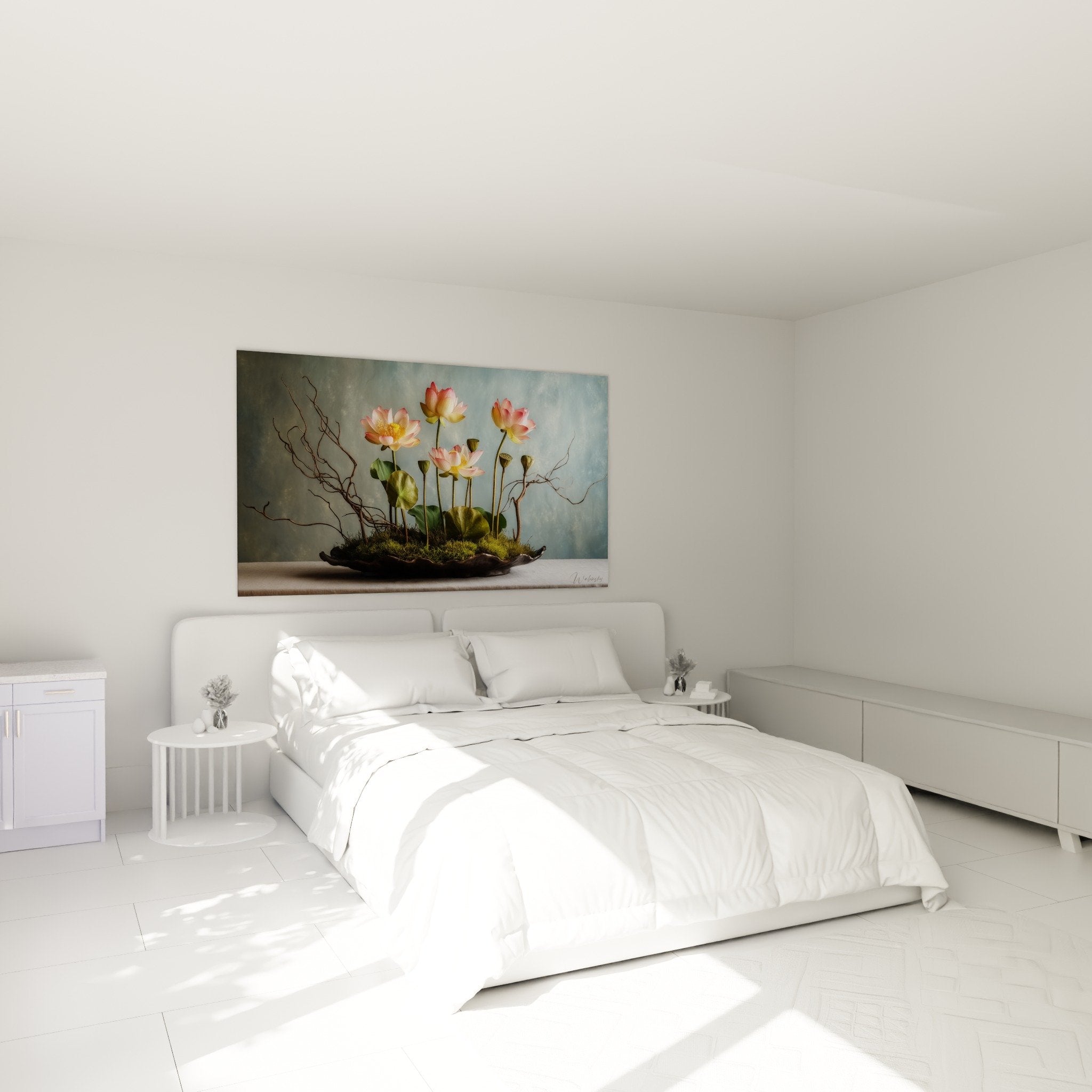 tableau lotus roses ikebana dans chambre parentale decoration zen minimaliste harmonieuse