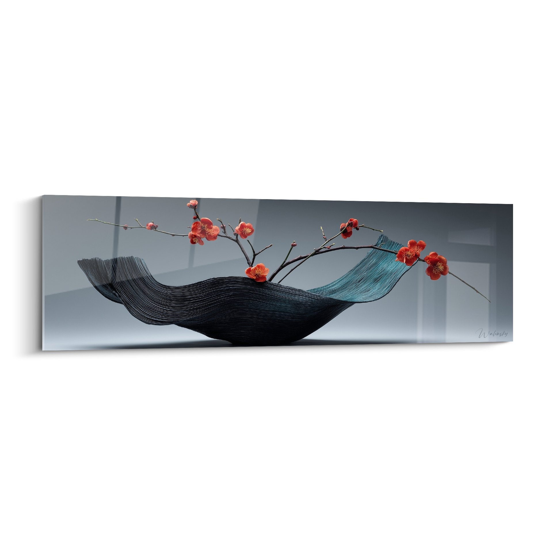 Japanese ikebana art painting sculptural black vase with red cherry blossoms on contemporary grey background