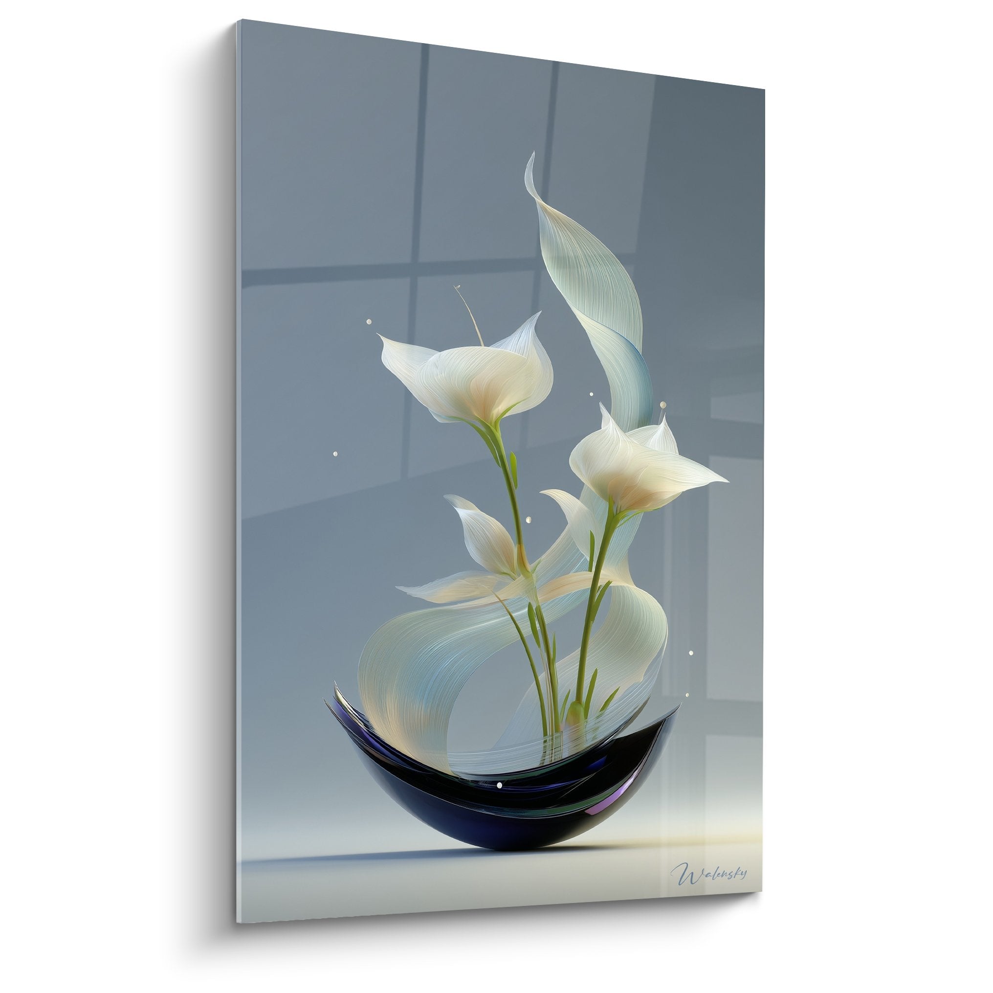 Ikebana composition floral art vase black white flowers golden reflections blue grey background modern zen