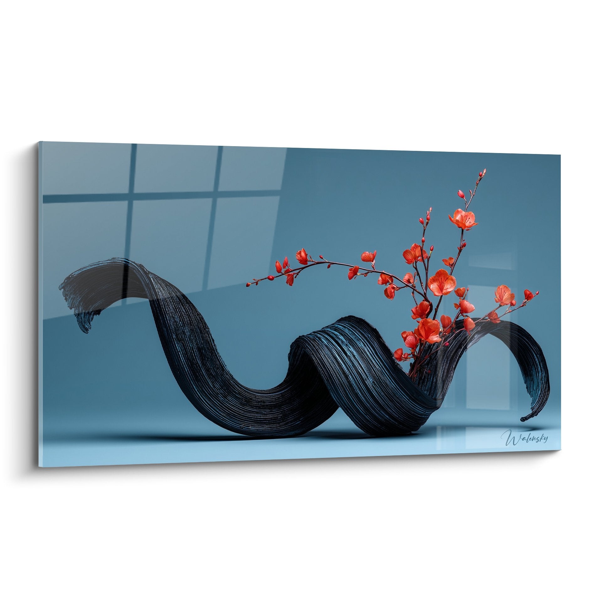 tableau ikebana vase noir sculptural courbes fluides branches fleurs rouge corail fond bleu art floral japonais zen