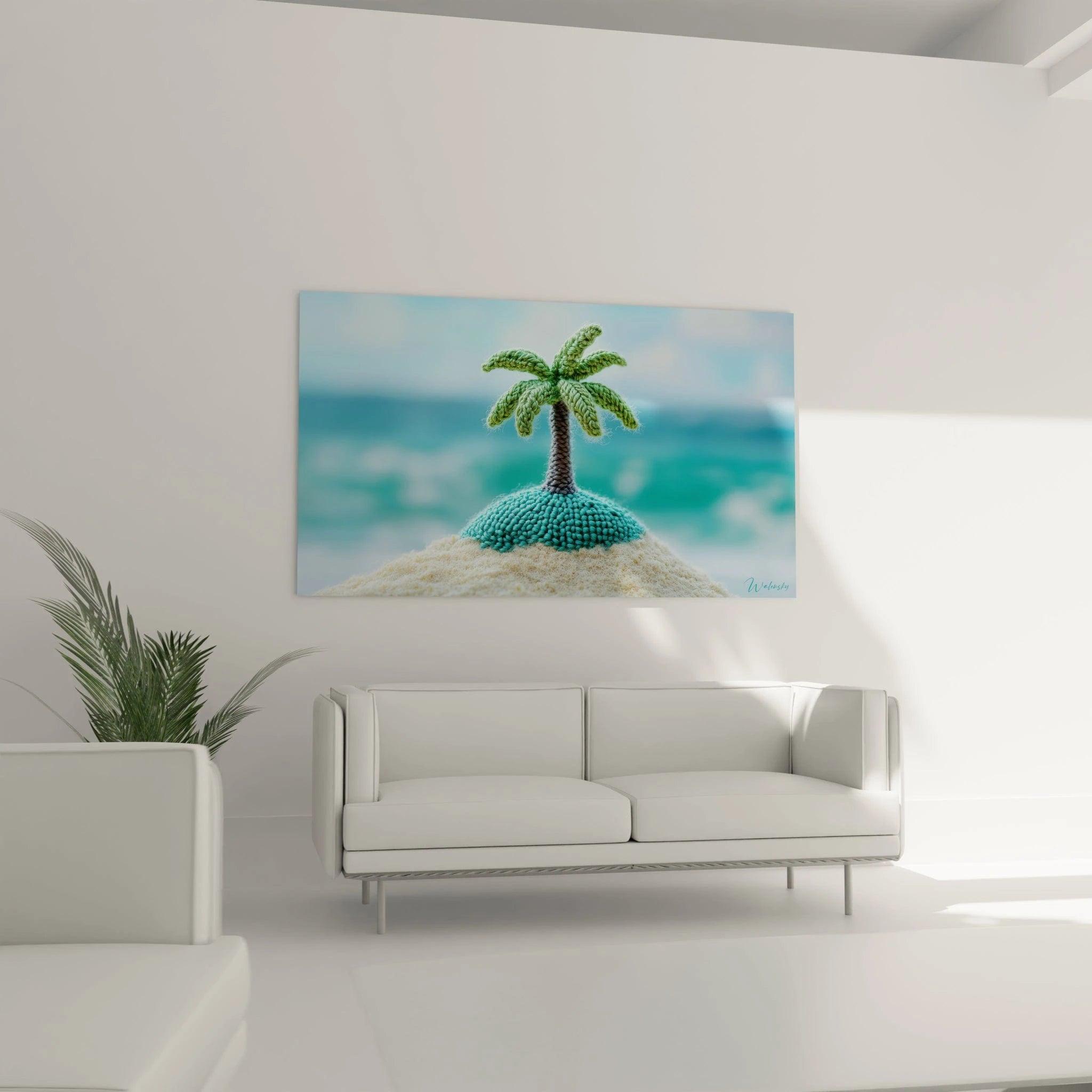 Un tableau oasis crochetée présentant un palmier minutieusement travaillé en fil vert, émergeant d'une base circulaire turquoise sur socle beige, avec des détails texturés évoquant un paysage tropical miniaturisé.