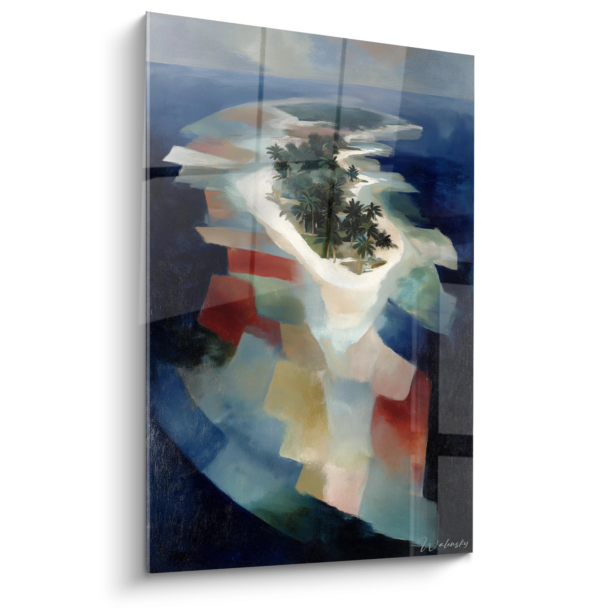 Tableau mural île tropicale avec palmiers et plage, style artistique fragmenté multicolore