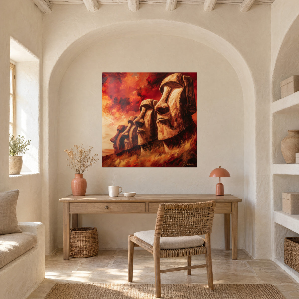 Tableau Moaï pensifs sur colline d'herbe jaune, ciel rouge incandescent, bureau en bois clair, lampe corail, arche blanche