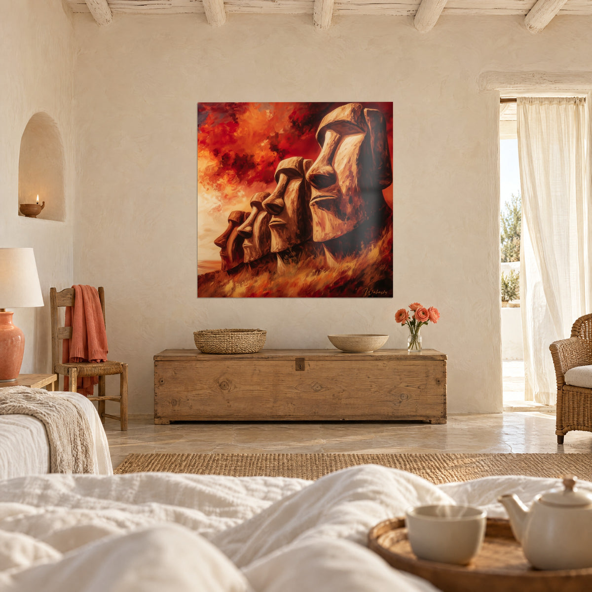 Tableau profils monumentaux de pierre brune, ciel de braise orange et rouge, au-dessus d'un lit dans une chambre claire