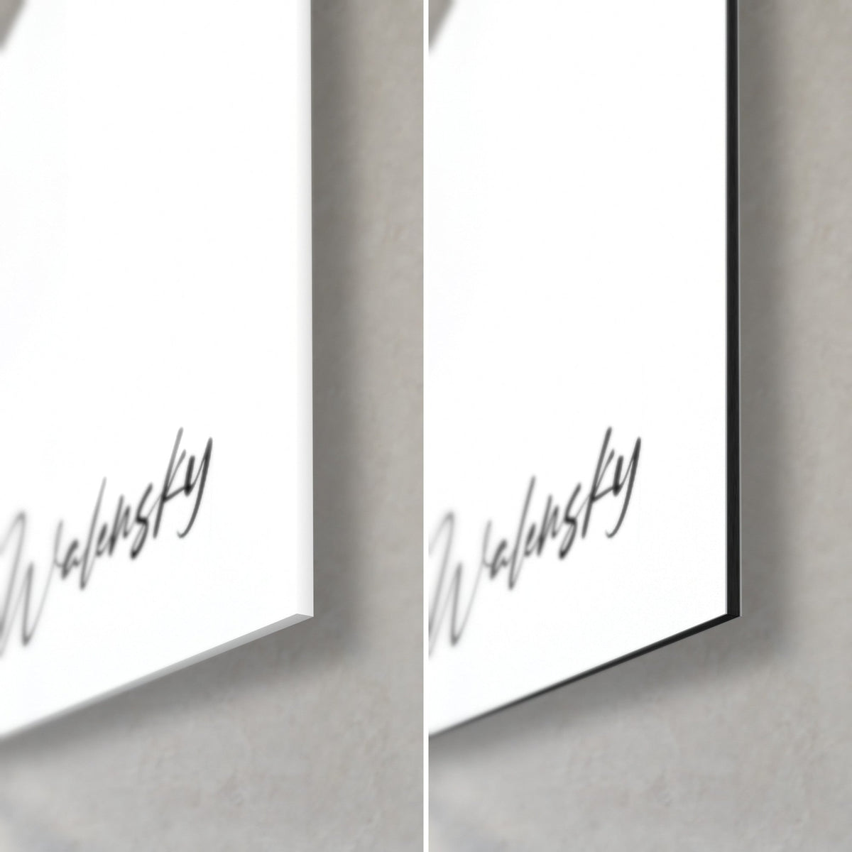 Tableau femme élégante en noir et blanc, signature Walensky en bas à droite, verre acrylique brillant et Dibond mat gris, tranche 3 mm
