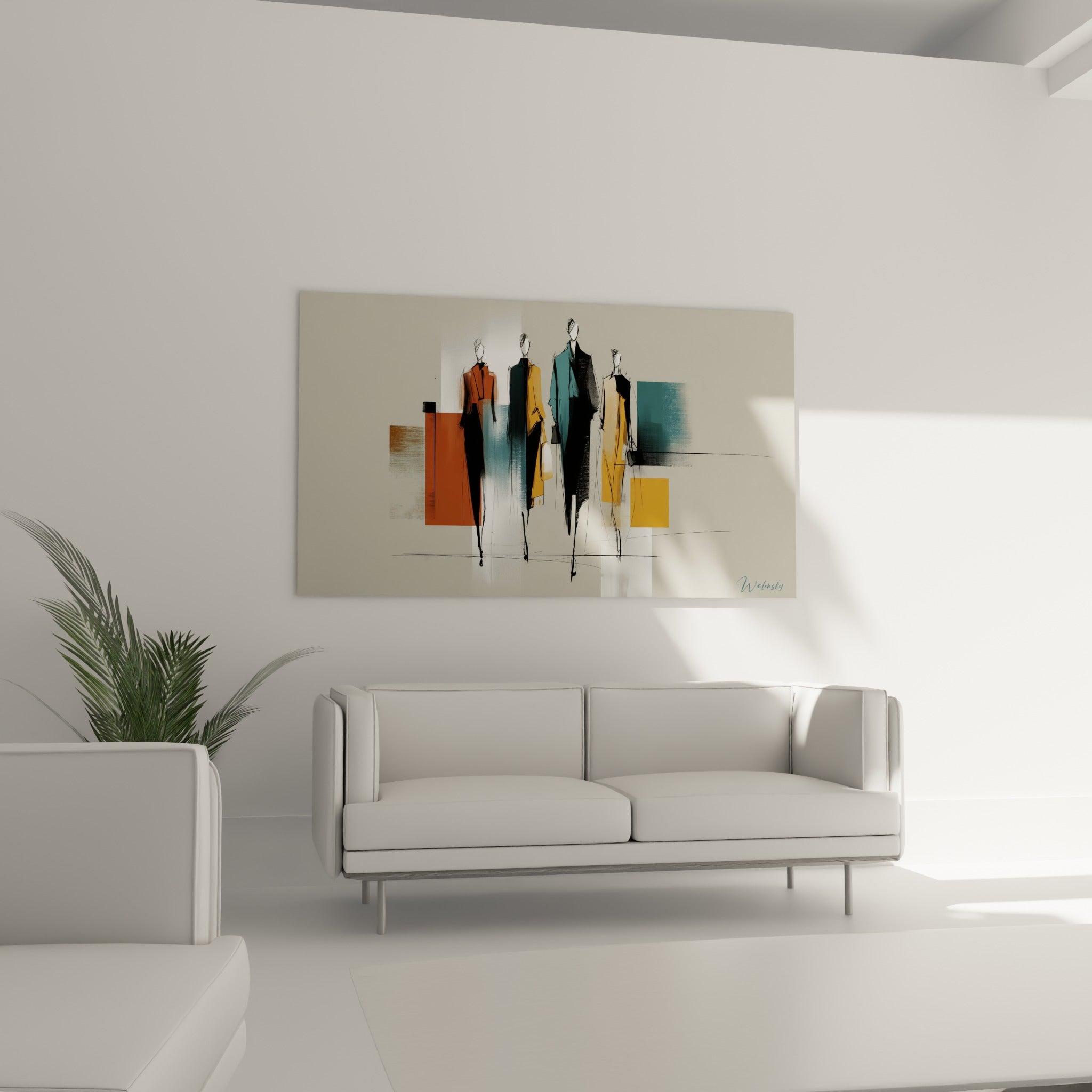Figures de mode en terracotta et bleu pétrole accrochées au-dessus d'un canapé dans un salon lumineux