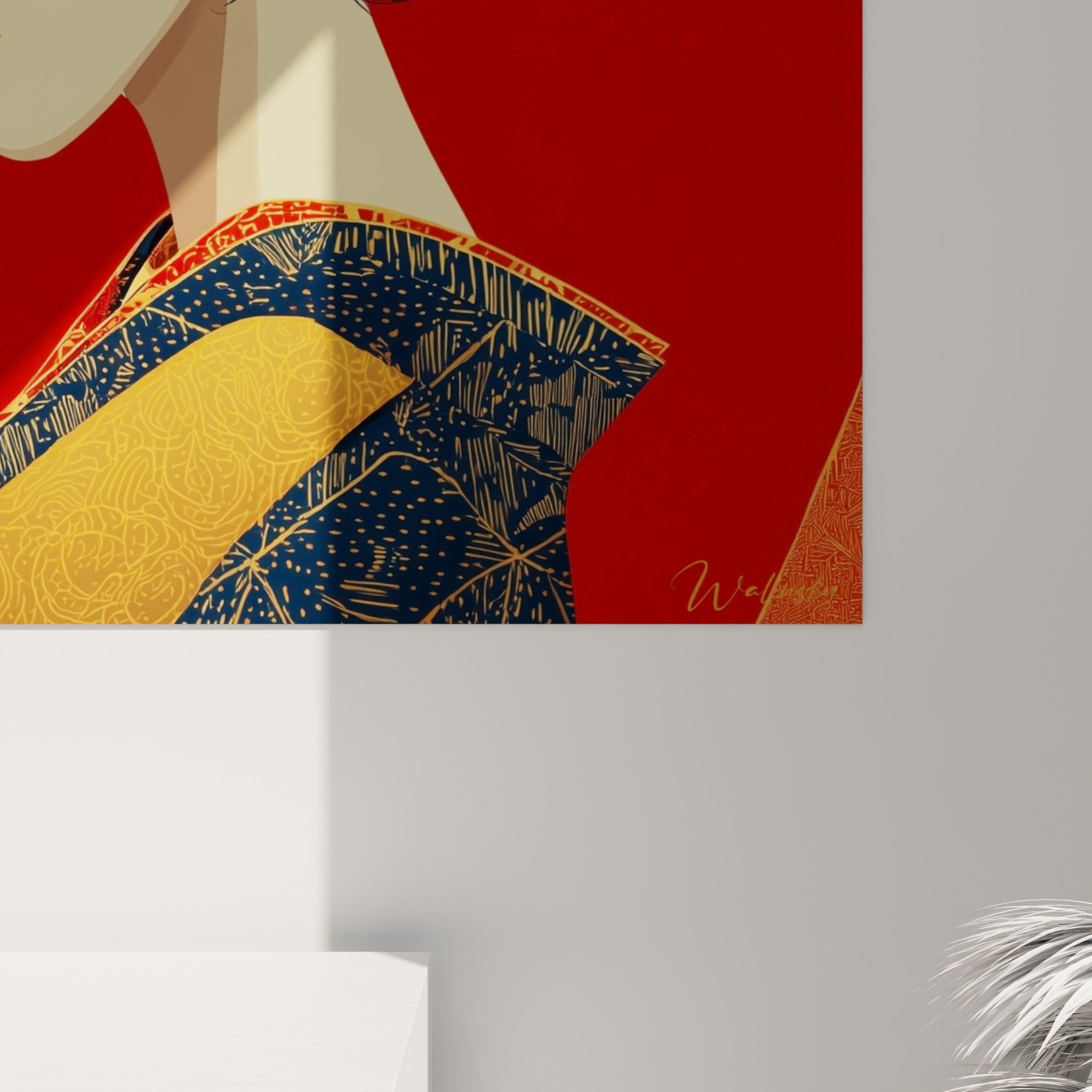 Détail du kimono doré et bleu marine, traits fins et empâtements colorés sur fond rouge intense